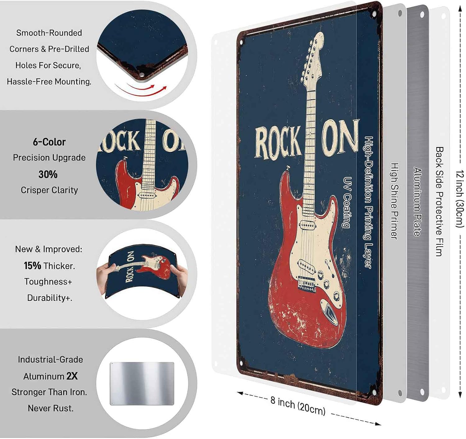 Vintage Guitar Rock On Metal Signs 8x12 Inch, Music Room Wall Decor image 2