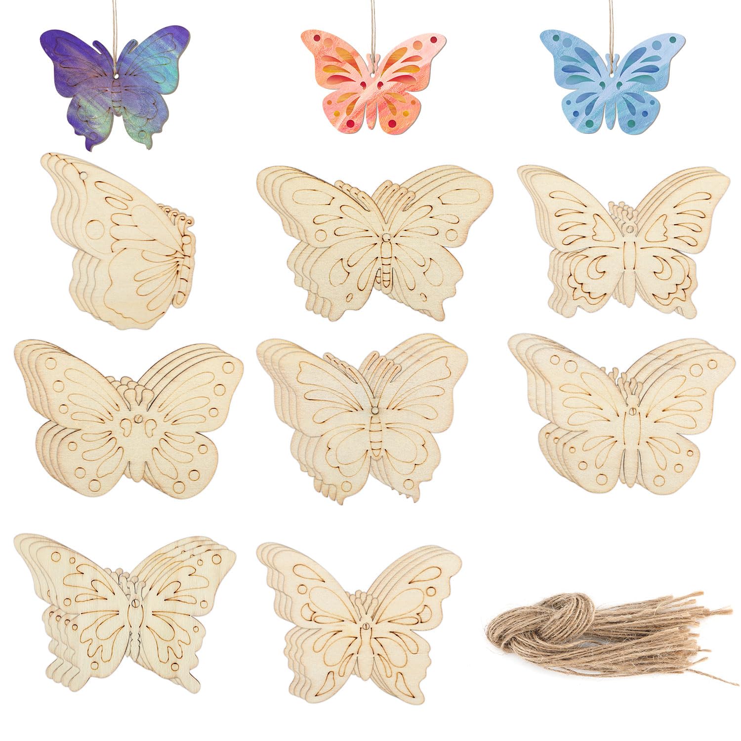 32 Farfalle Di Legno Non Finite Per Decorazioni Fai Da Te Con Corda - Kit Creativo Per Casa E Feste
