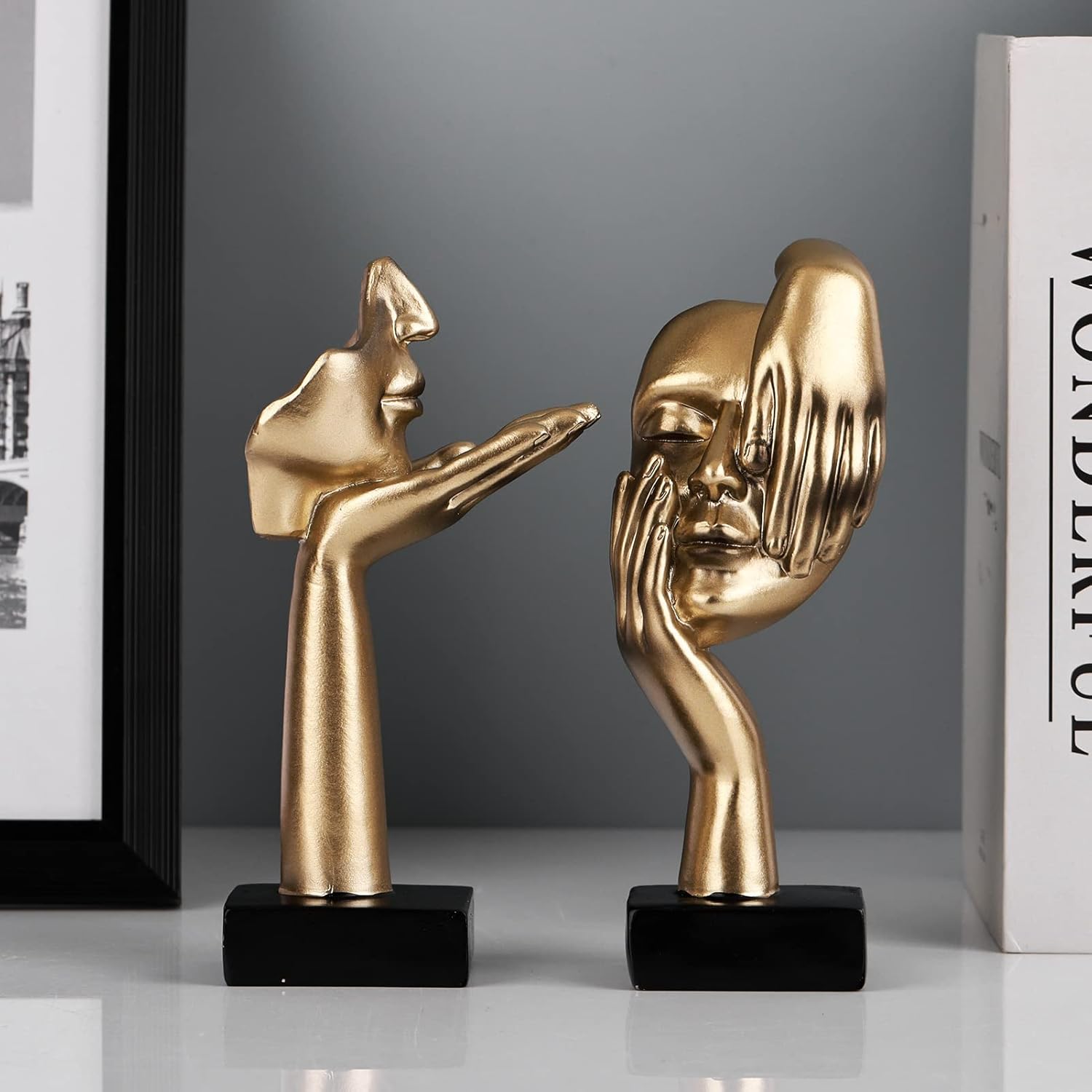 6.5" H Black Gold Art Thinker Figurines 2 PCS, Abstract Small Statues Home Accent Decor for Shelf, Office Desk, Living Room, Knick Knacks Decorations for Shelves (2 Pcs Gold) - Image 2