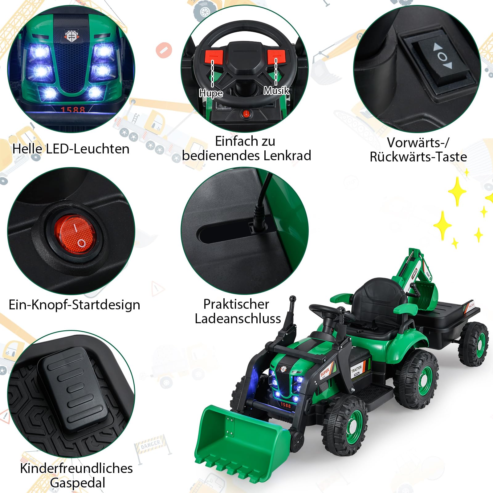 COSTWAY Elektro Traktor mit Anhänger & Schaufel, 12V Aufsitztraktor mit Fernbedienung, Sitzbagger mit LED Lichtern & Musik, Kinderbagger Elektrisch, Elektrotraktor für Kinder ab 3 Jahren (Grün)