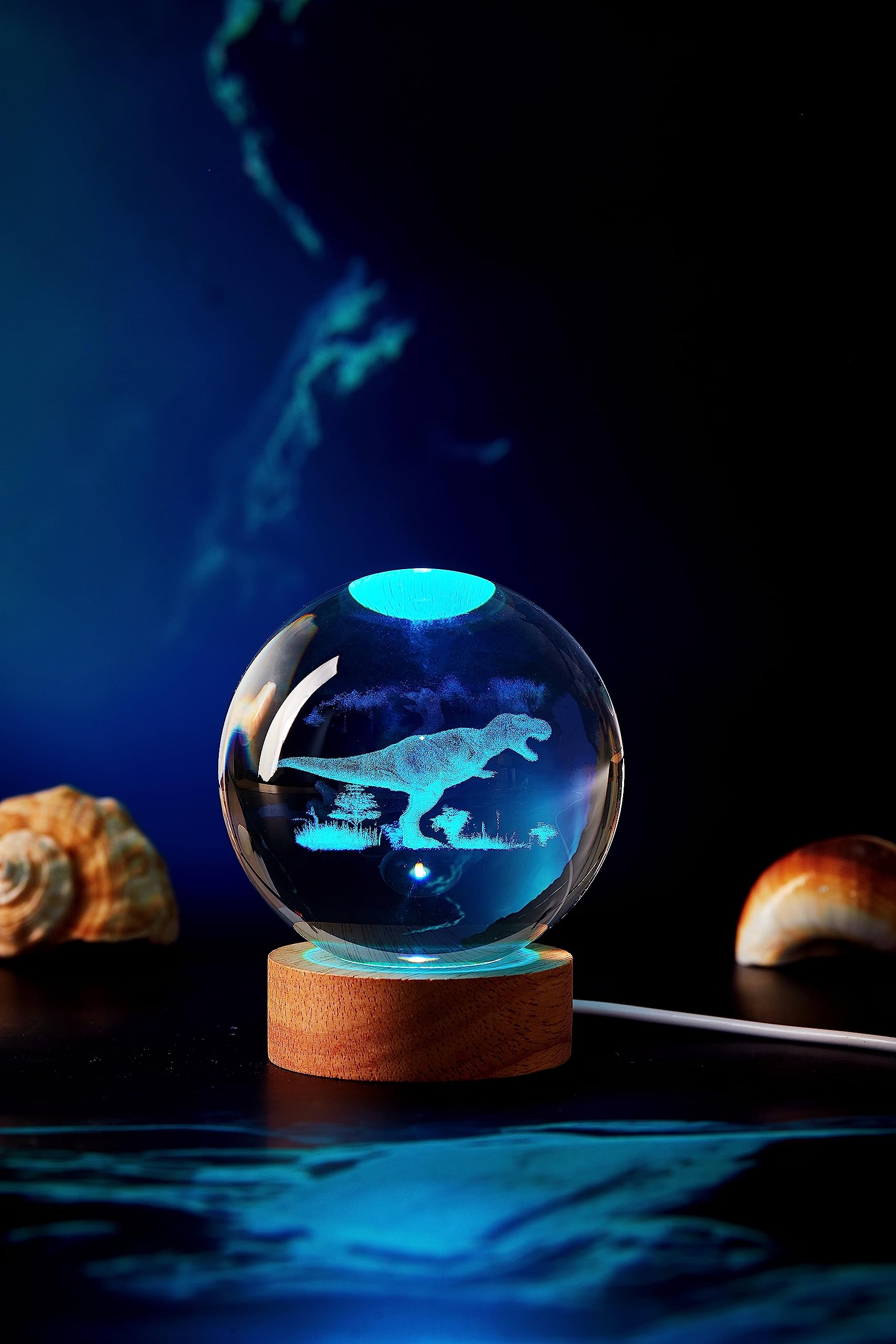 Lampada a sfera di cristallo a forma di dinosauro, 3D K9 T-Rex, alimentazione USB da 8 cm, 16 colori che cambiano, telecomando, luce notturna con base in legno, confezione regalo