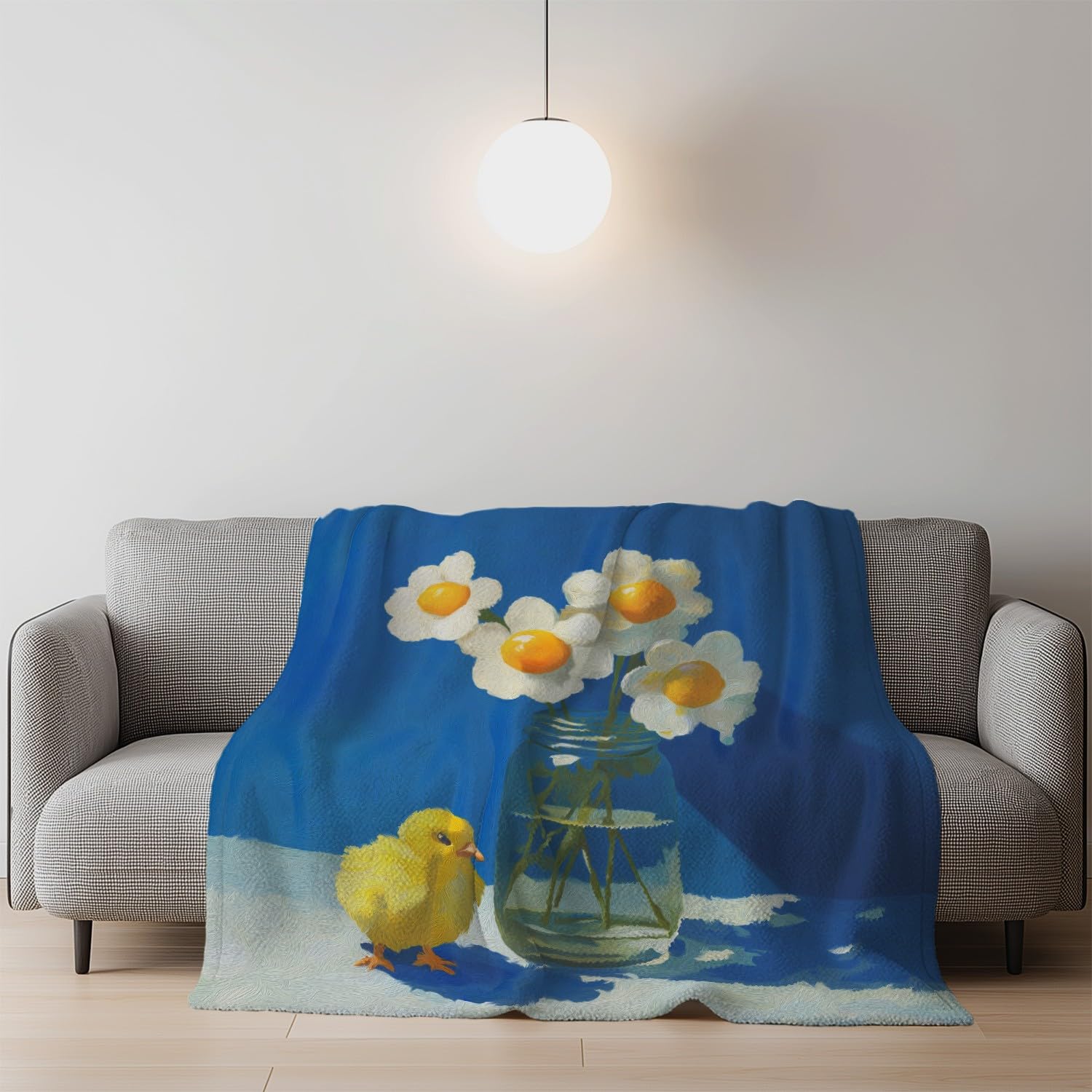 Couverture polaire double face bleu 230x270 cm au motif œuf au plat