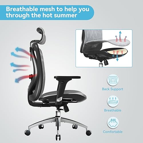 Miniatura 4 de SIHOO Silla de oficina ergonómica de malla, silla de escritorio para computadora con reposabrazos de 3 vías, soporte lumbar de 2 vías y gris,Negro