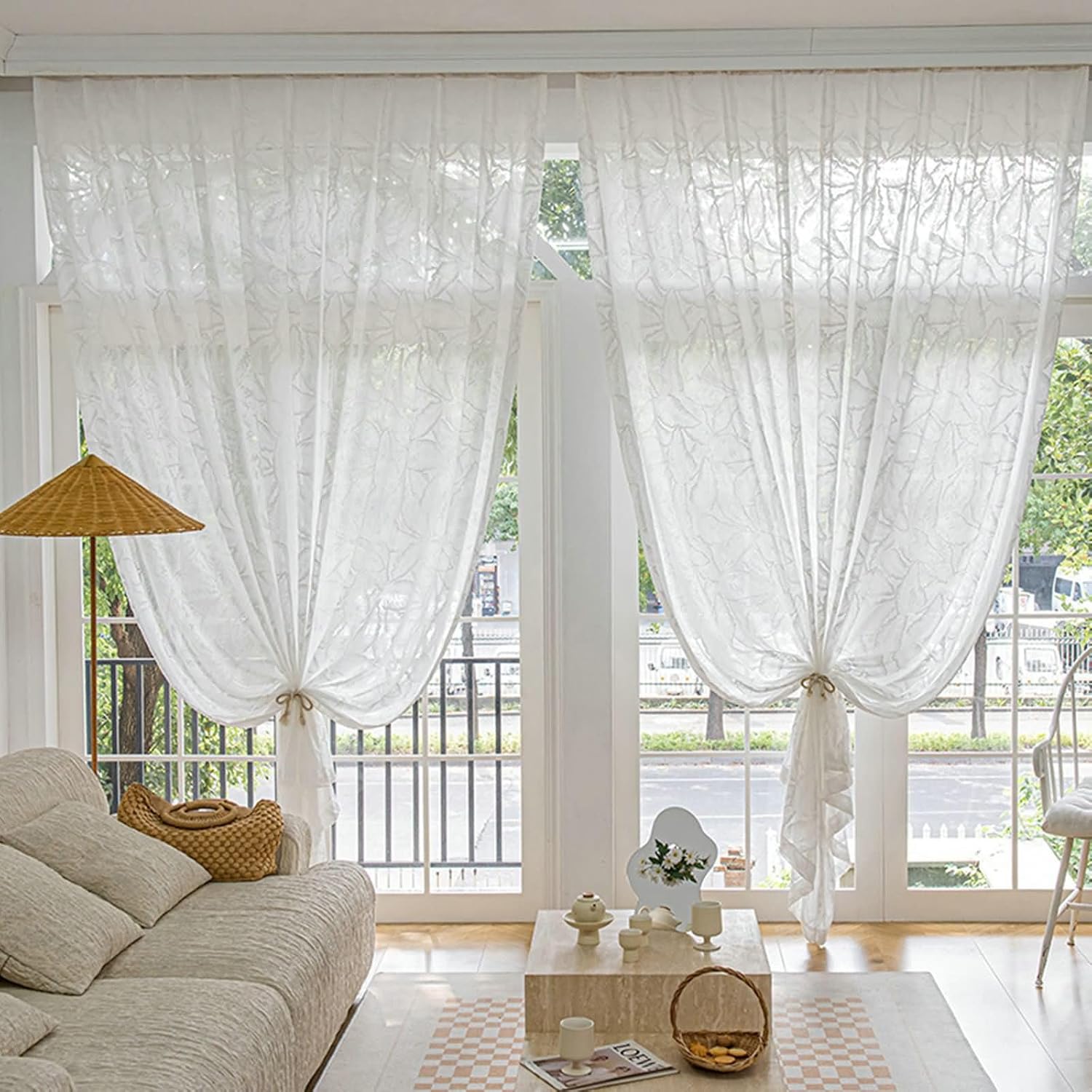 Daesar Window Curtains 2 Panel Sets 108 Inch Length, Eyelet Tulle Curtains Jacquard Leaves Pattern Sheer Drapes Window Treatment for Home, Office, Bedroom Living Room, 52x108 Inch White