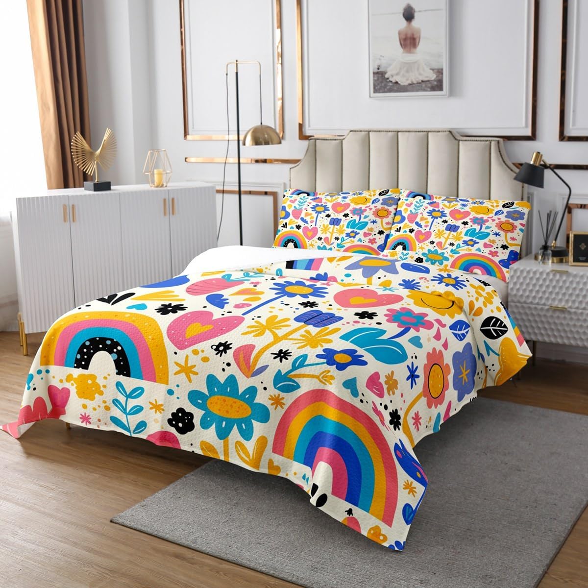 Homewish Cartoon Rainbow Bedspread Twin Size,Colorful Flower Modern Coverlet Set for Kids Girls Boys Room Decor,Love Printed Fashion Bedding Set 2Pcs,White Vintage Hippie Style Quilt,1 Pillowcase