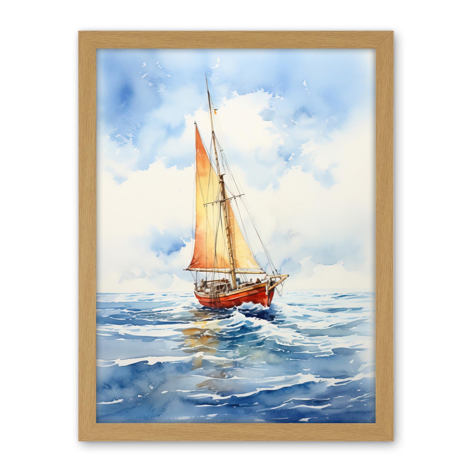 Artery8 Orange Sailing Boat Watercolour Painting Bathroom Artwork Sail at Sea Seascape Artwork Framed Wall Art Print 18X24 Inch