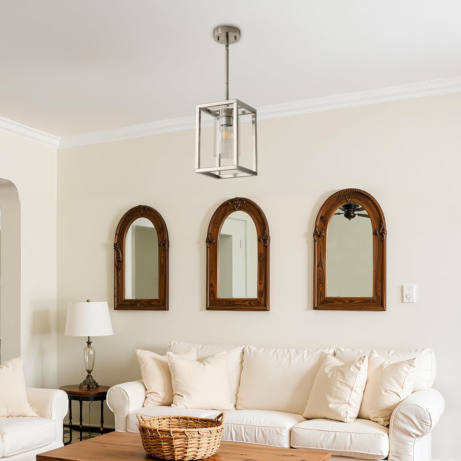 LOUSACE Farmhouse Pendant Lighting, Single Light Brushed Nickel Cage Hanging Light Vintage Chandelier with Clear Glass Shade for Kitchen Island Entryway Dining Room Hallway Porch