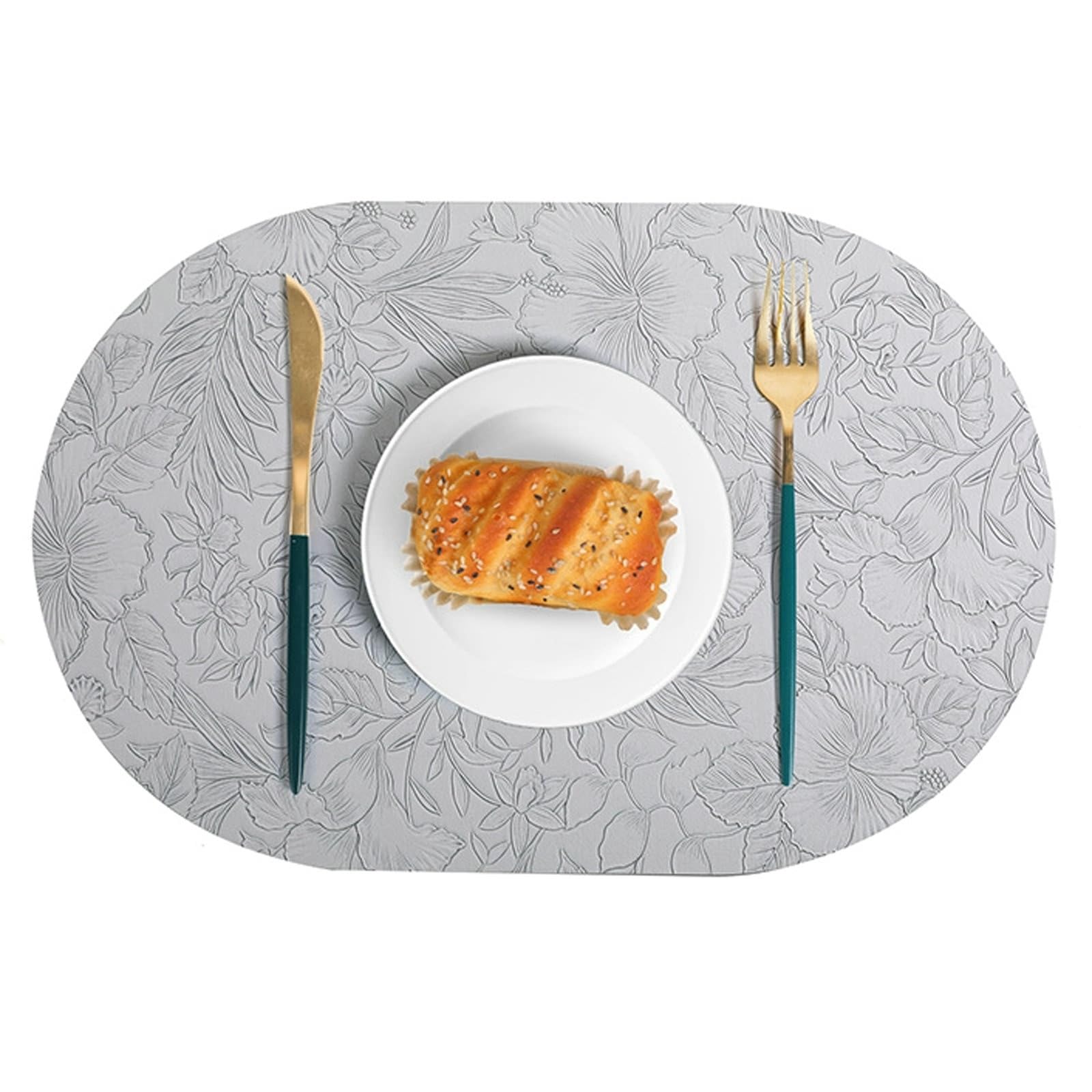 Set de table ovale gris à motif floral 30x43cm en lot de 2 pour décoration de table de cuisine