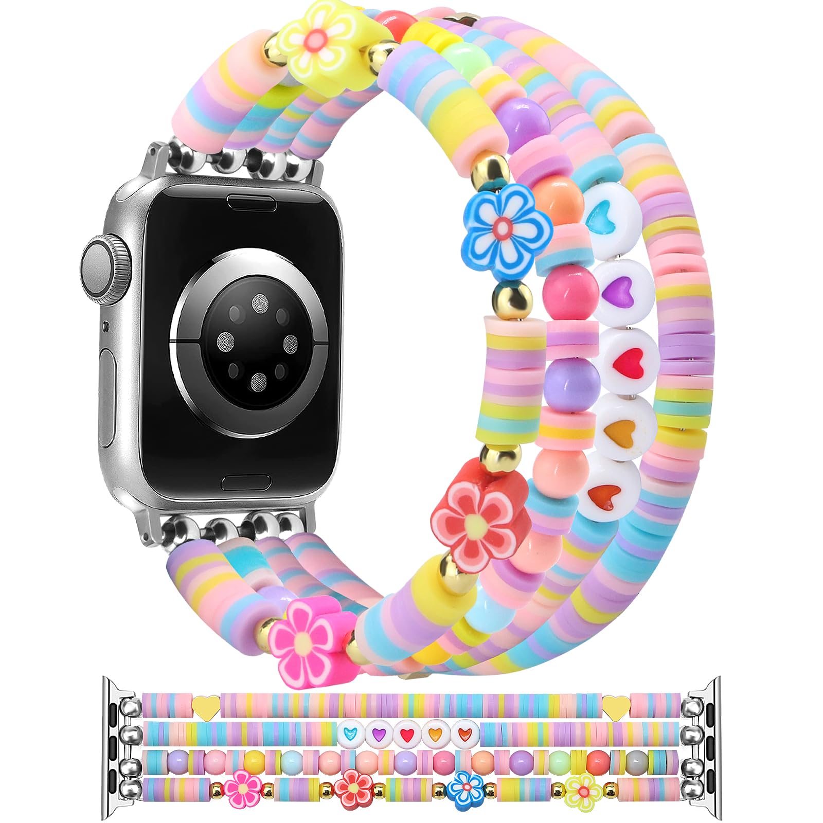 Newlibery Beaded Bracelets Band Compatible with Apple Watch 42mm(S3/2/1) 44mm 45mm 46mm 49mm Women Cute Preppy Handmade Elastic Stretch Strap for