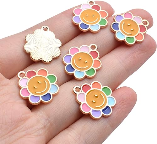 Miniatura 6 de Aylifu Abalorios de flores esmaltadas, 20 piezas de margaritas con cara sonriente de margaritas, dijes de flores esmaltadas coloridas para