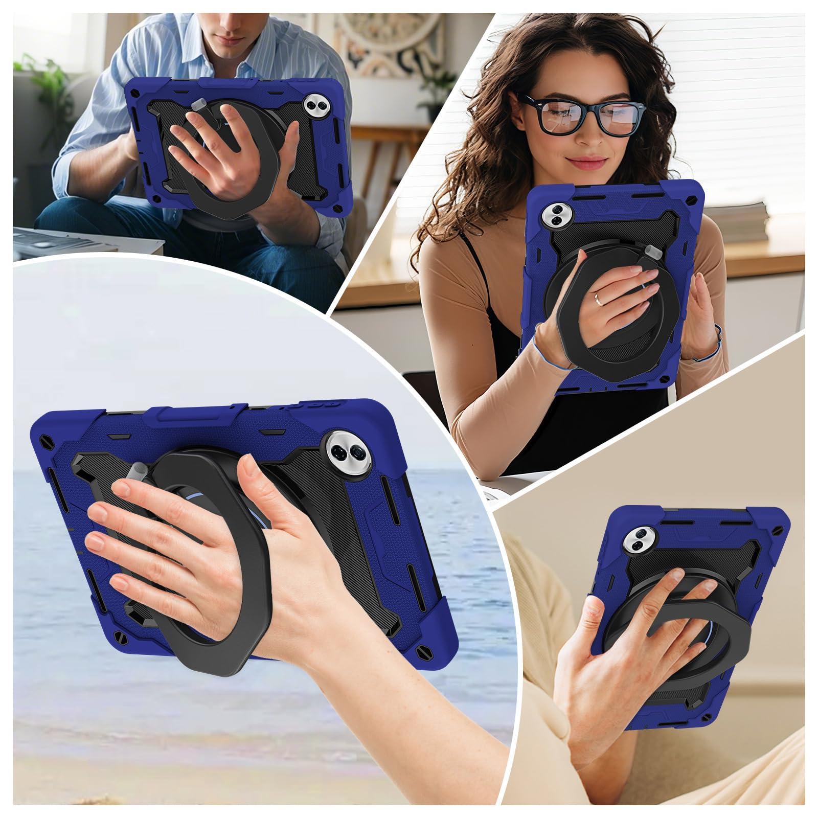 Obrotowe 360 stopni 3 w 1 odporne na wstrząsy etui do Honor Pad 10/Honor Tablet 10 HEY3-W00 12,1 cala z paskiem na ramię i uchwytem, granatowe