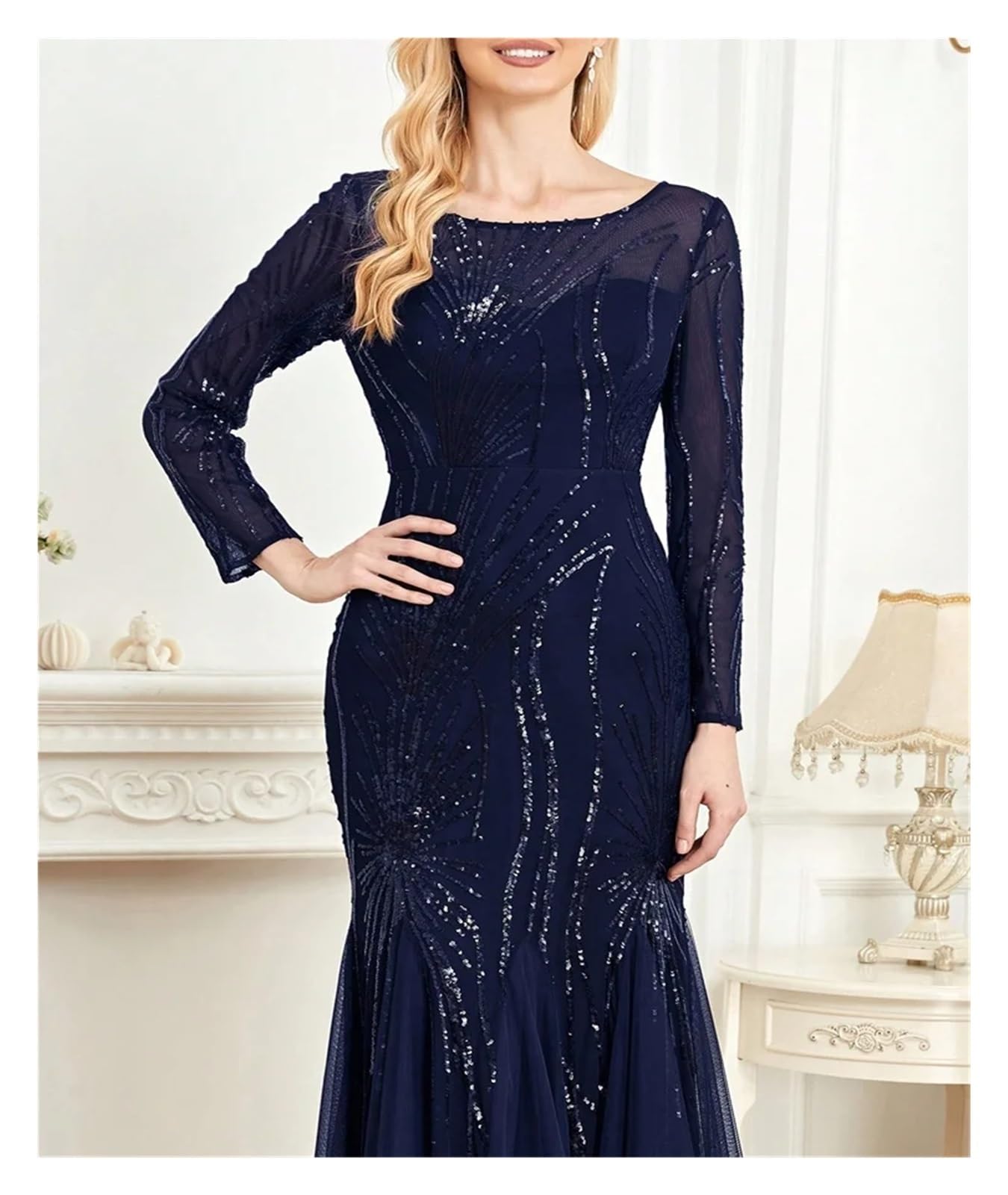 Vestido de Graduación para Mujeres Elegantes Vestidos de Noche de Tul con Lentejuelas y Mangas largas, Estilo Sirena, Formales, for Dama de Honor y Fiesta Maxi(Champagne,M)