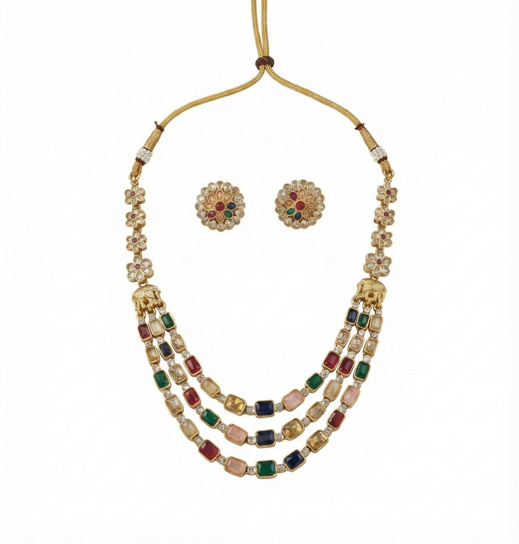 Traditional Gold Plated Multi-Color Stone 3-Layered Long Necklace Jewellery Set with Elephant (Gajraj) Motifs and Matching Stud Earrings for Women | Ethnic Wedding & Festive Collection