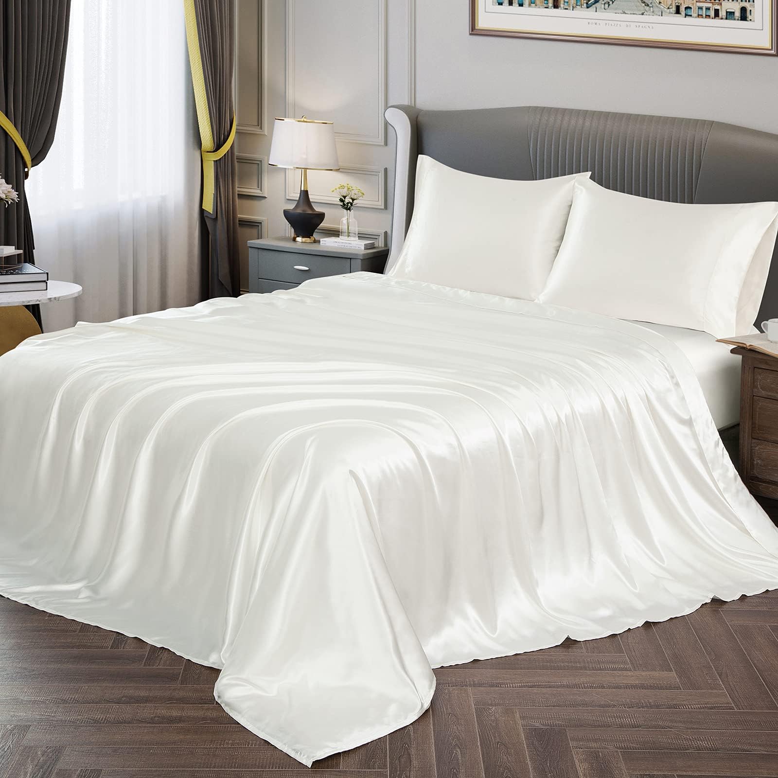 Vonty Satin Sheets Full Size Silky Soft Satin Bed Sheets Ivory White Sheet Set, 1 Deep Pocket Fitted Sheet + 1 Flat Sheet + 2 Pillowcases