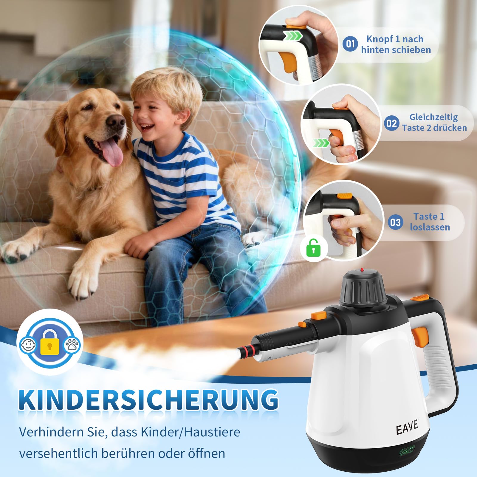 Dampfreiniger Handgerät, 110℃ Steam Cleaner zur effizienten Reinigung, vielseitiger Dampfreiniger für Alles mit 10 Aufsätzen & 5m Netzkabel, Handdampfreiniger für Sofas, Teppiche, Fugen, Fettspuren,WT