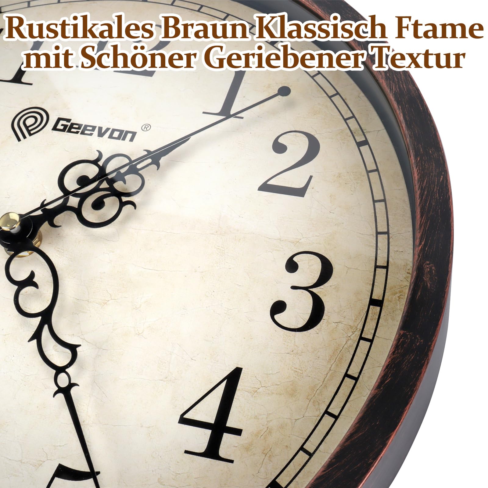 Geevon Retro-Wanduhr, geräuschlos, Nicht tickend, rund, Vintage, Quarz, dekorative batteriebetriebene Wanduhr für Küche, Büro, Klassenzimmer, Schlafzimmer, Wohnzimmer (Retro Dunkelbraun, 12 Zoll)