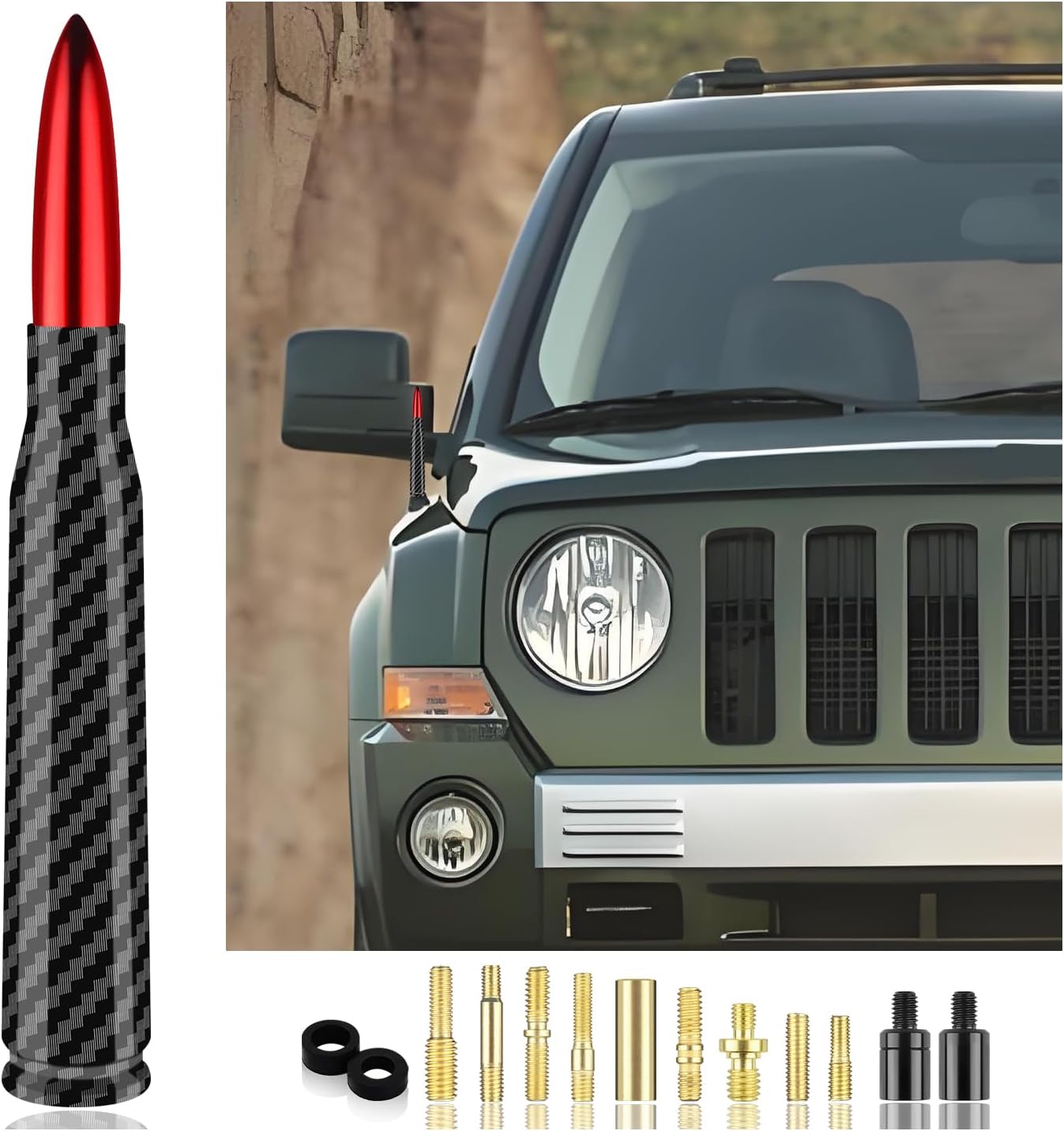 Car Bullet Antenna with 13 Car Antenna Replacement Accessories,Truck Antenna Decoration Compatible with Chevrolet Dodge Toyota GMC Jeep Ford (Red)