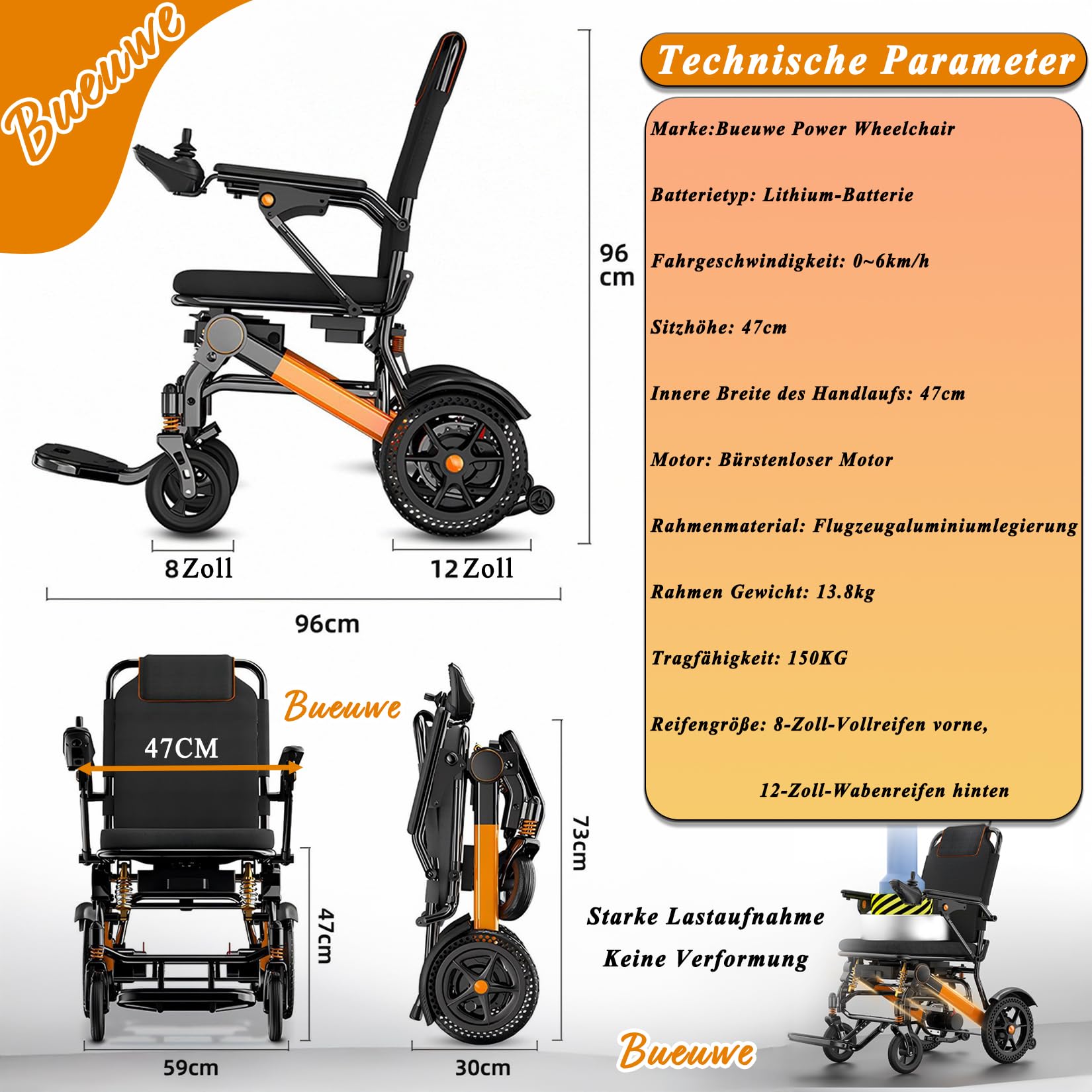 Ultraleichter faltbarer Elektrorollstuhl, 500W Motor, tragbar für Senioren, 13.8 kg, 20-50 km Reichweite, leichter Rollstuhl elektrisch für Reisen und Outdoor, 150 kg Tragkraft ﻿,30a