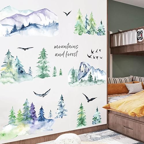 Miniatura 5 de Pintura de tinta, calcomanías de pared de montaña, calcomanías abstractas de bosque grande de árbol, estilo chino, tinta, paisaje, bosque verde,