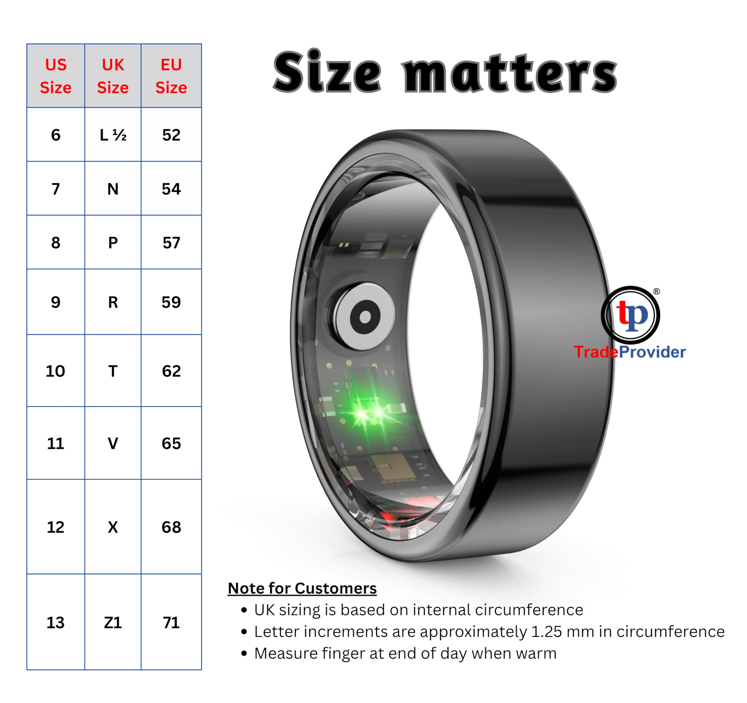 tp TRADEPROVIDER Bague de doigt réglable pour tracker d'activité intelligente, compteur d'oxygène dans le sang, compteur de calories, étanche IP68, USB, Bluetooth, iOS et Android (taille 11)
