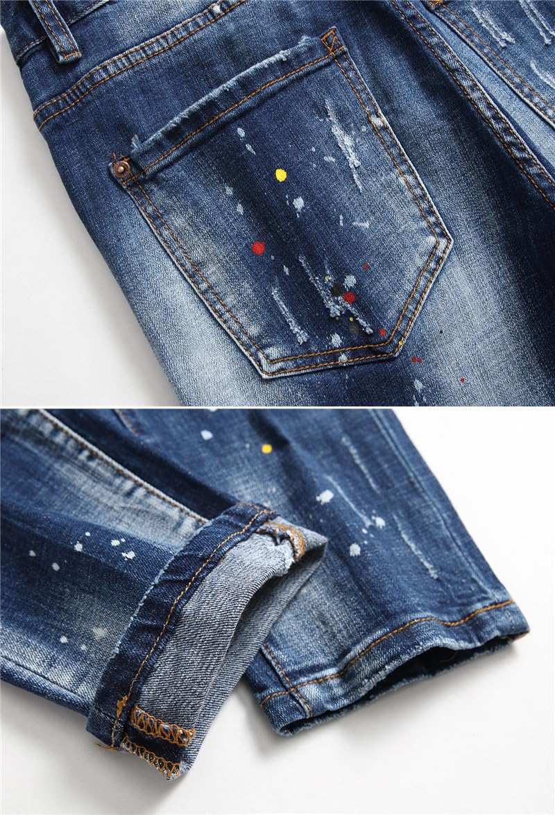 Jeans Uomo Slim Fit Strappati - Pantaloni in Denim Elasticizzato con Effetto Vernice Schizzata, Design Streetwear Ricamati Y2K, Stile Hip-Hop Casual per Outfit alla Moda