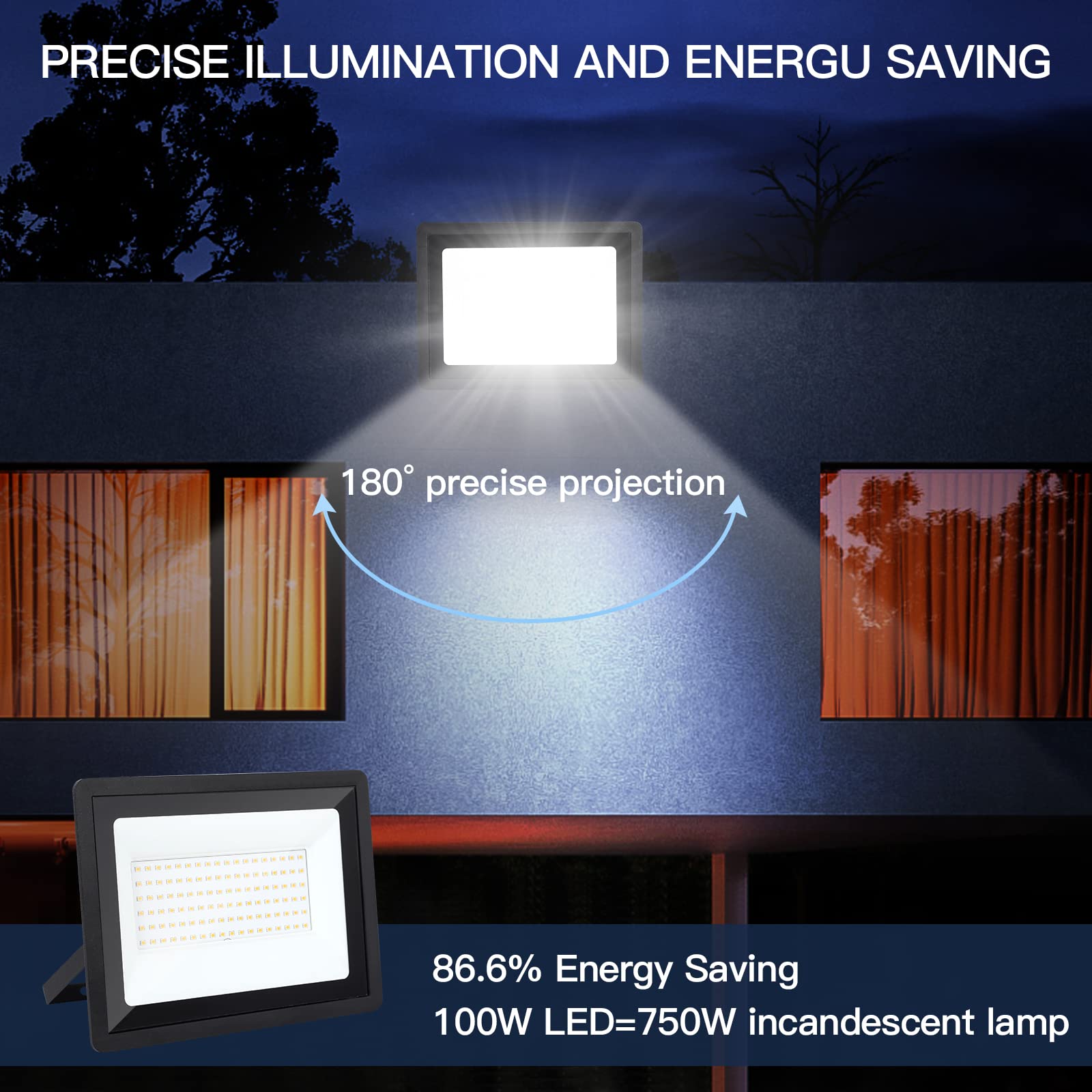 2-Pack 100W LED Flood Lights - 10000LM Super Bright 3000K Warm White IP65 Waterproof Outdoor Security Lights