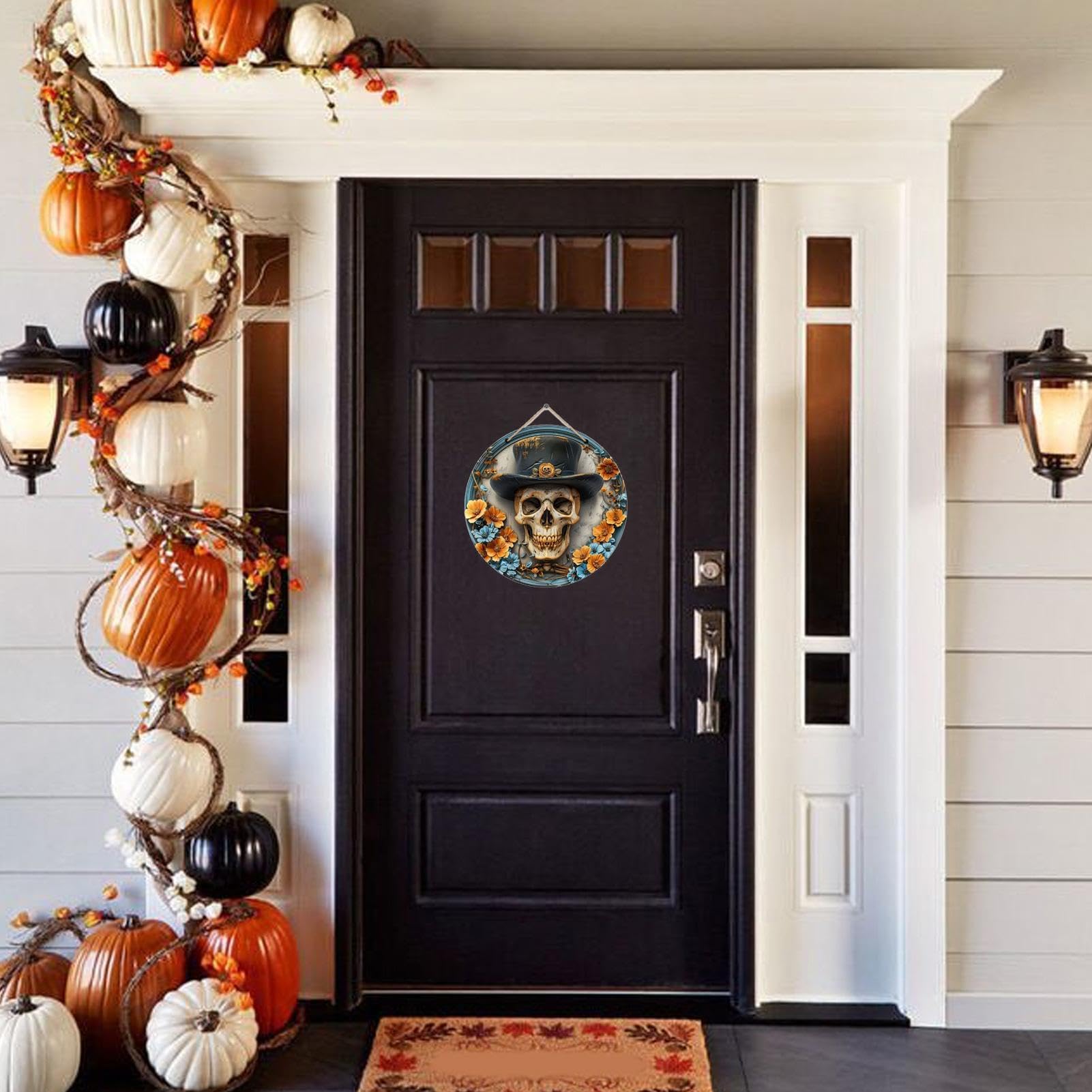 Decorazione Porta Halloween In Legno – Targa Rotonda Con Scheletro E Scritta “Welcome” – 20x20 Cm, Nero
