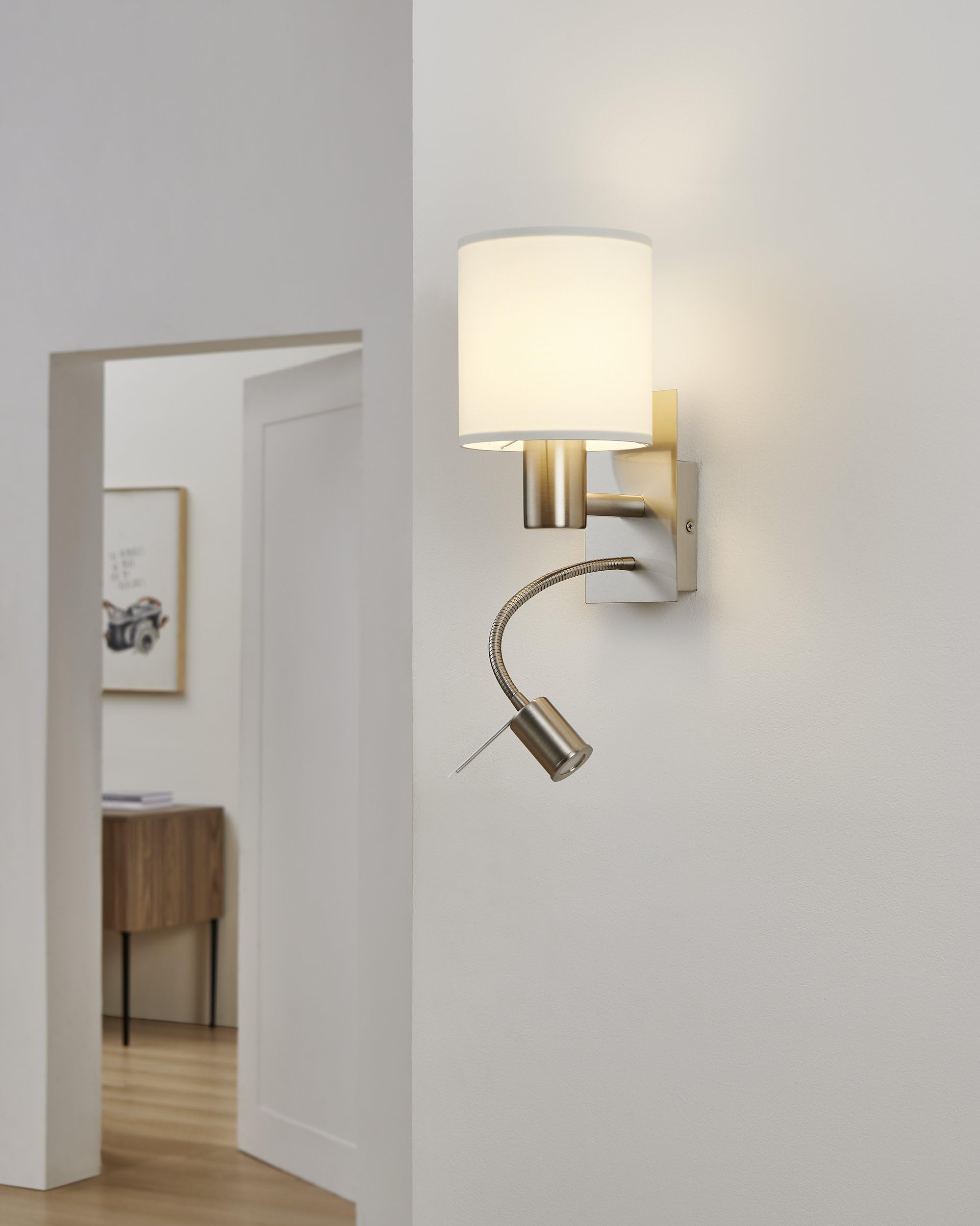 Eglo Lampada da parete a Led Pasteri a due punti luce, acciaio, tessuto, nichel opaco, bianco, E27, incl interruttore e luce di lettura flessibile
