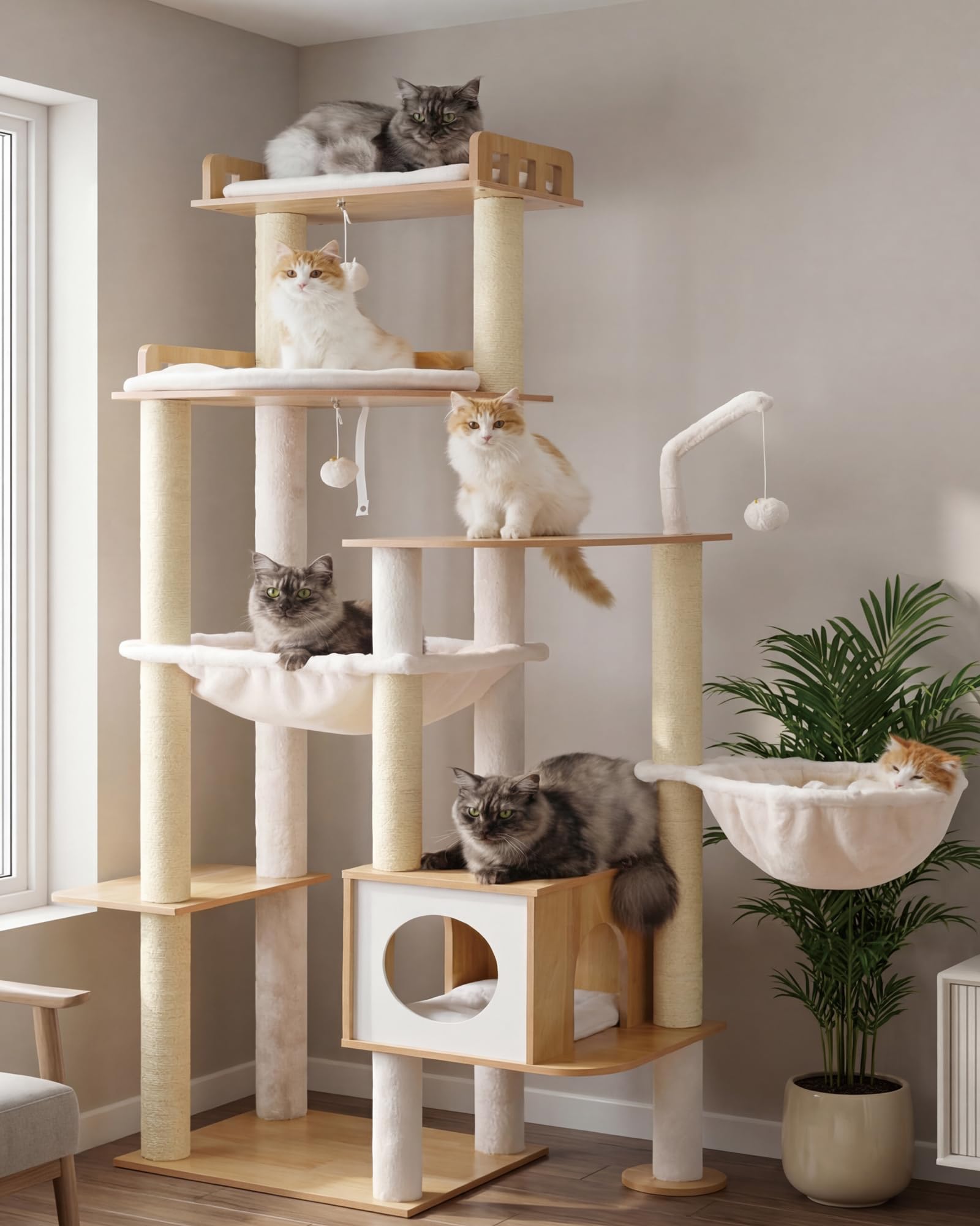 Heybly Árbol rascador para Gatos en Madera, 179 cm de Altura, con Plataforma Grande, Postes Rascadores de Sisal, Casita para Gatos y Hamaca, Construcción Robusta, Montaje Sencillo, Nogal HCT121WB