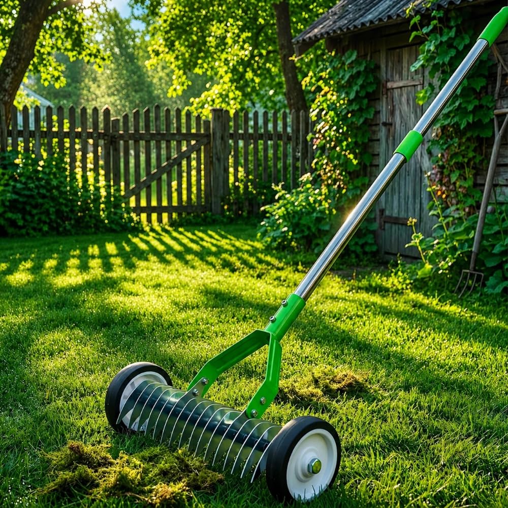 Manueller Hand-Vertikutierer & Rasenlüfter auf Rädern mit 130cm Stiel & Gartenhandschuhen, Aerifizierer mit 21 verzinkten Stahl-Klingen, Rollrasenlüfter für optimale Rasenpflege & Moosentfernung