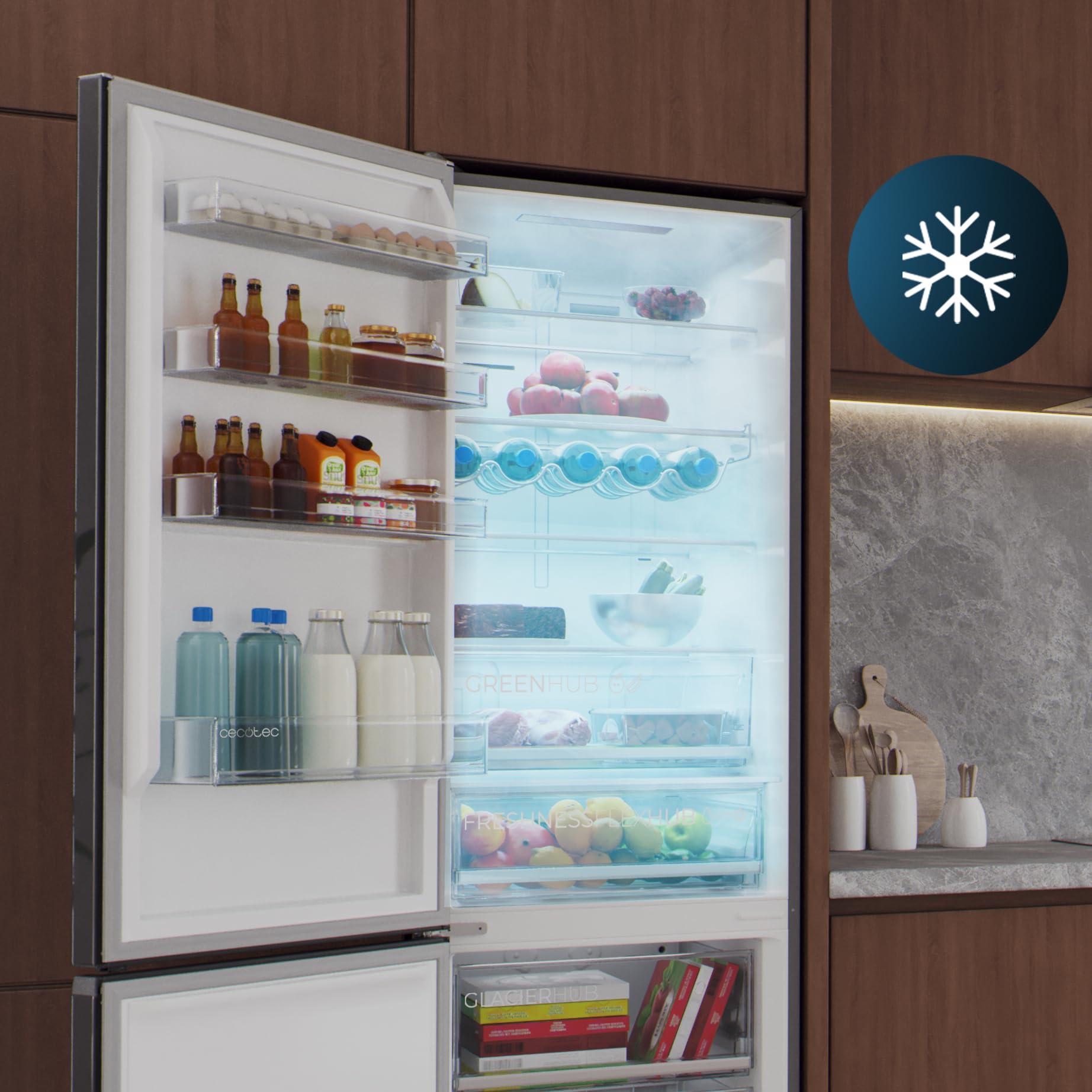 Cecotec Frigorífico Combi Total No Frost Bolero CoolMarket Combi 456 Black Glass E, 456 L, Alto 201 cm y 59,5 cm Ancho, MAX INSIDE con VIP tech, Compresor Inverter Plus, Botellero y Bandejas Cristal