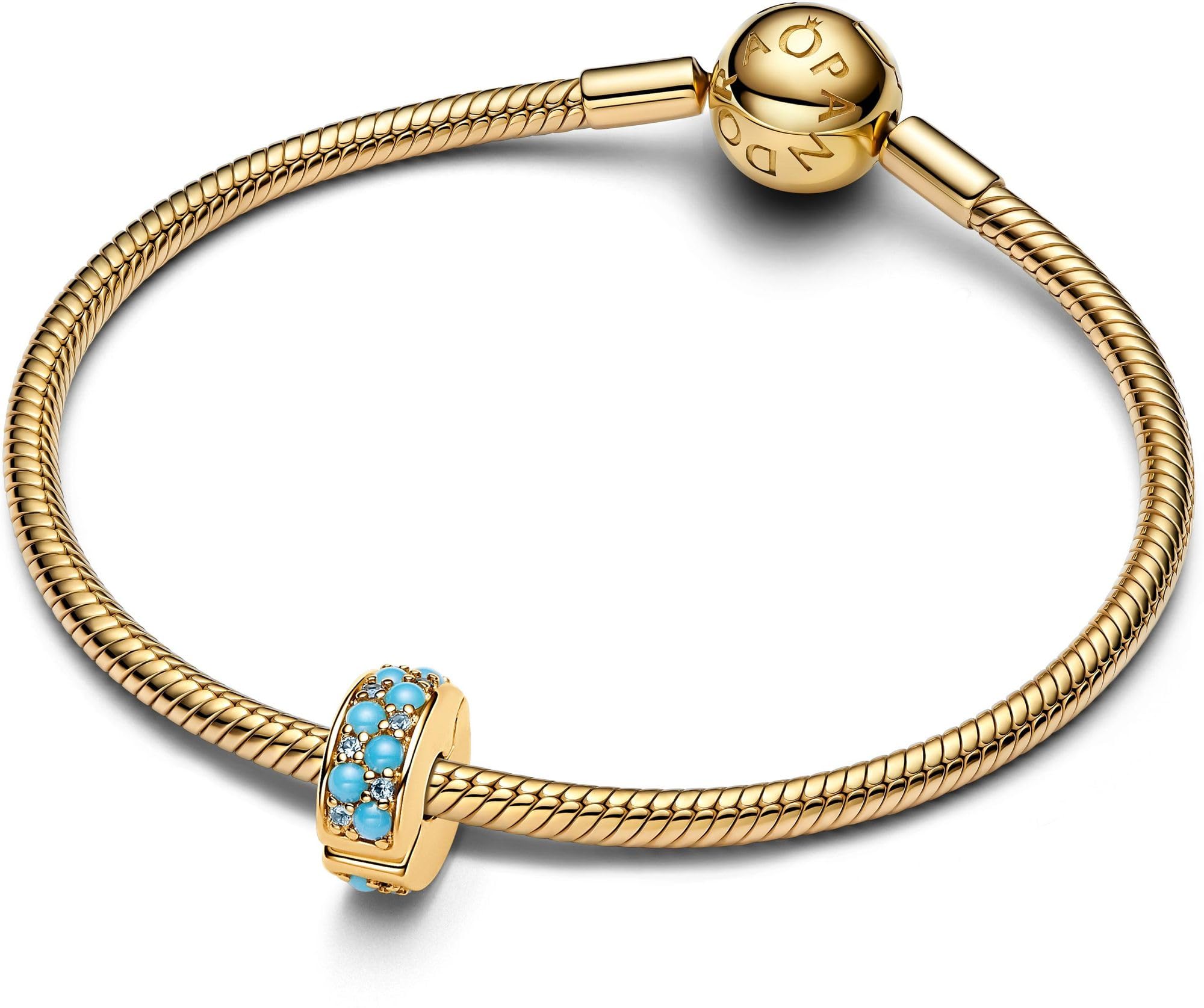 PANDORA Moments Aquablaues Clip-Charm aus 14 Karat Vergoldetem Sterling Silber mit eisblauen und capriblauen Kristallen, Kompatibel Moments Anhänger, 763902C01