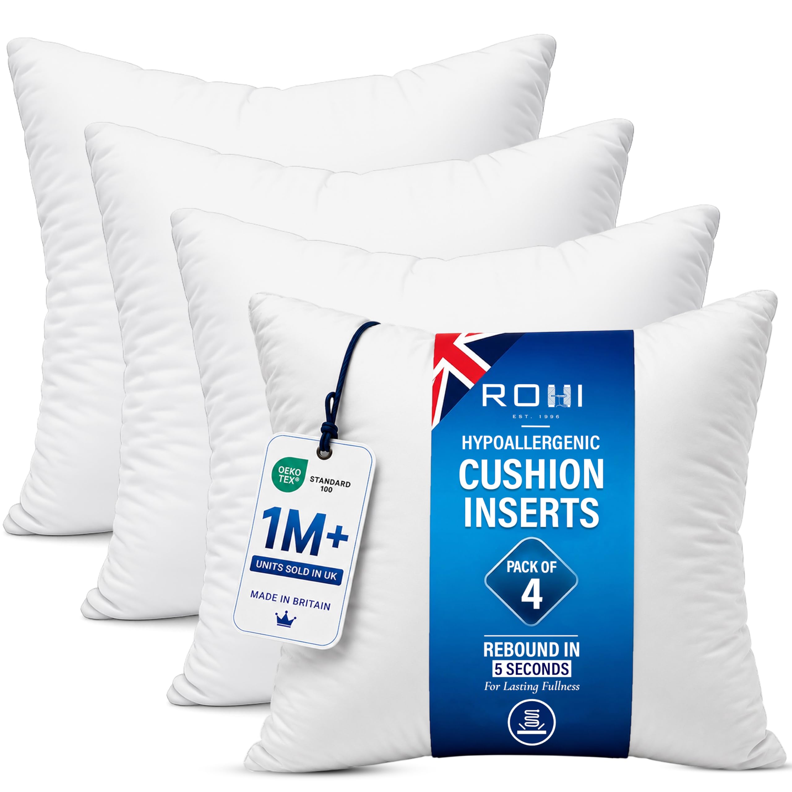 Rohi Set of 4 Hypoallergenic Cushion pads 75cm x 75cm - White polyster square Cushions - Standard stuffer pack of Cushion inserts 75cm x 75cm (Pack of 4 | 30"x30")