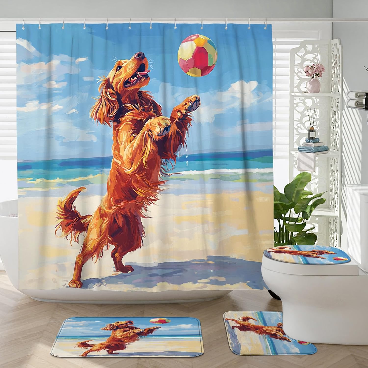 4PCS Irish Setter Dog Bathroom Accessory Sets with Non-Slip Rug, U Shape and Toilet Lid Cover Mat, Funny Puppy Animal Beach Cartoon Kids Bathroom Decorative-72''x72''