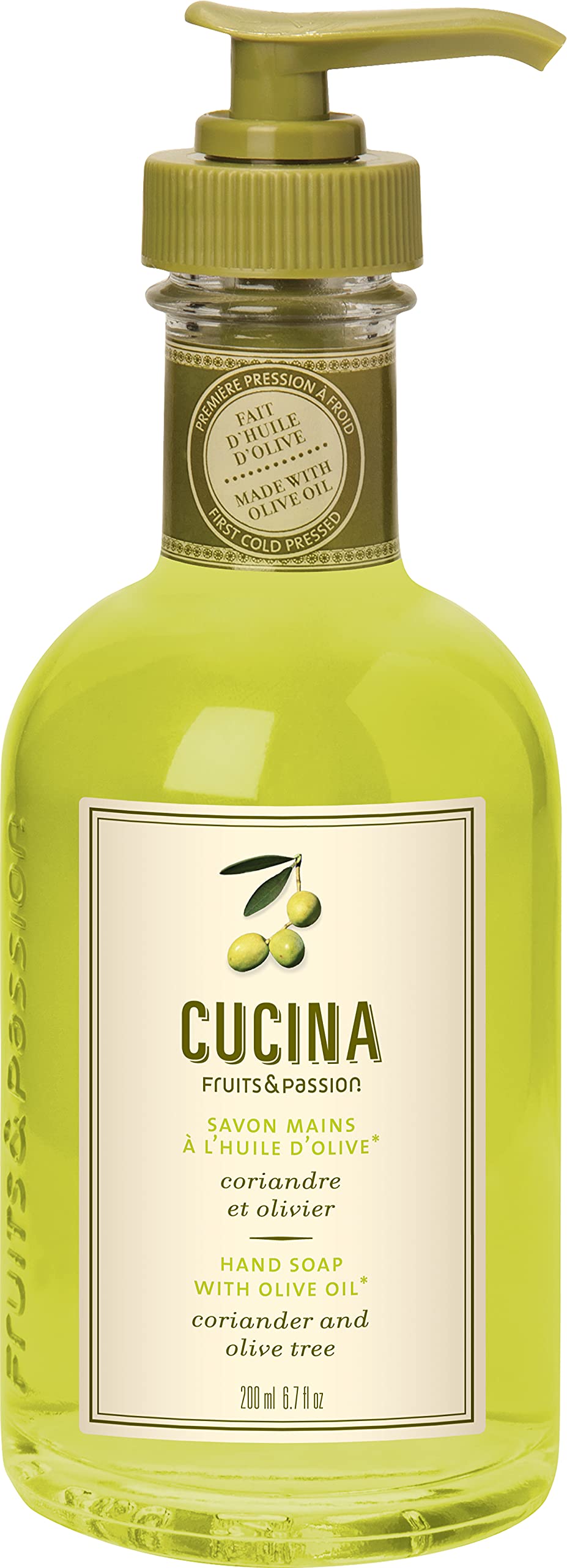 Fruits & Passion [Cucina] Coriander & Olive Tree Hand Soap (6.76 fl oz) - Luxury Scented Kitchen Liquid Hand Soap, Vegan, Natural Moisturizing Hand Wash in Premium Glass Hand Soap Dispenser