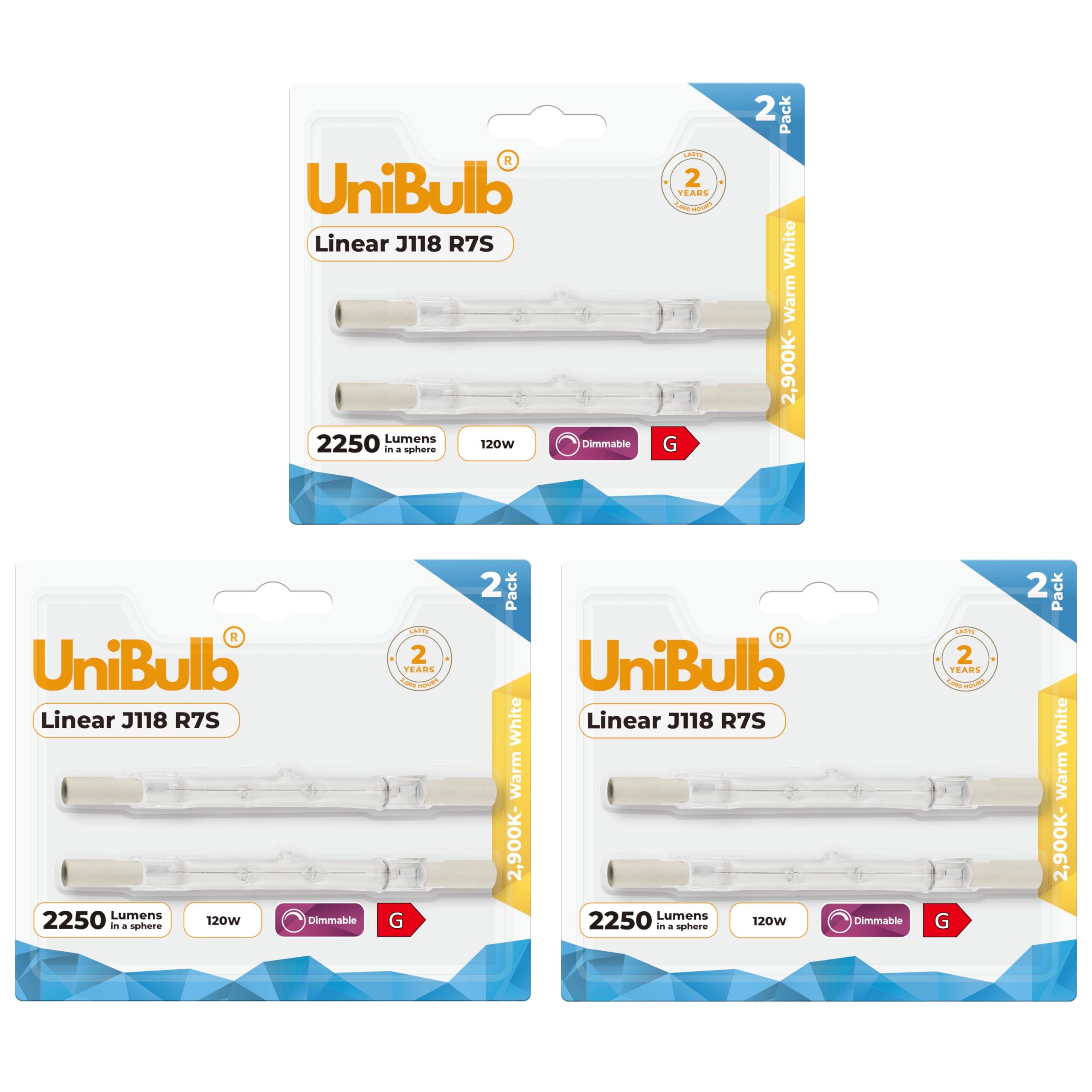 Unibulb Halogen Floodlight Light Bulb R7S J118 118mm Linear 2250 lumens 120W 2900K (Warm White) Dimmable (6)