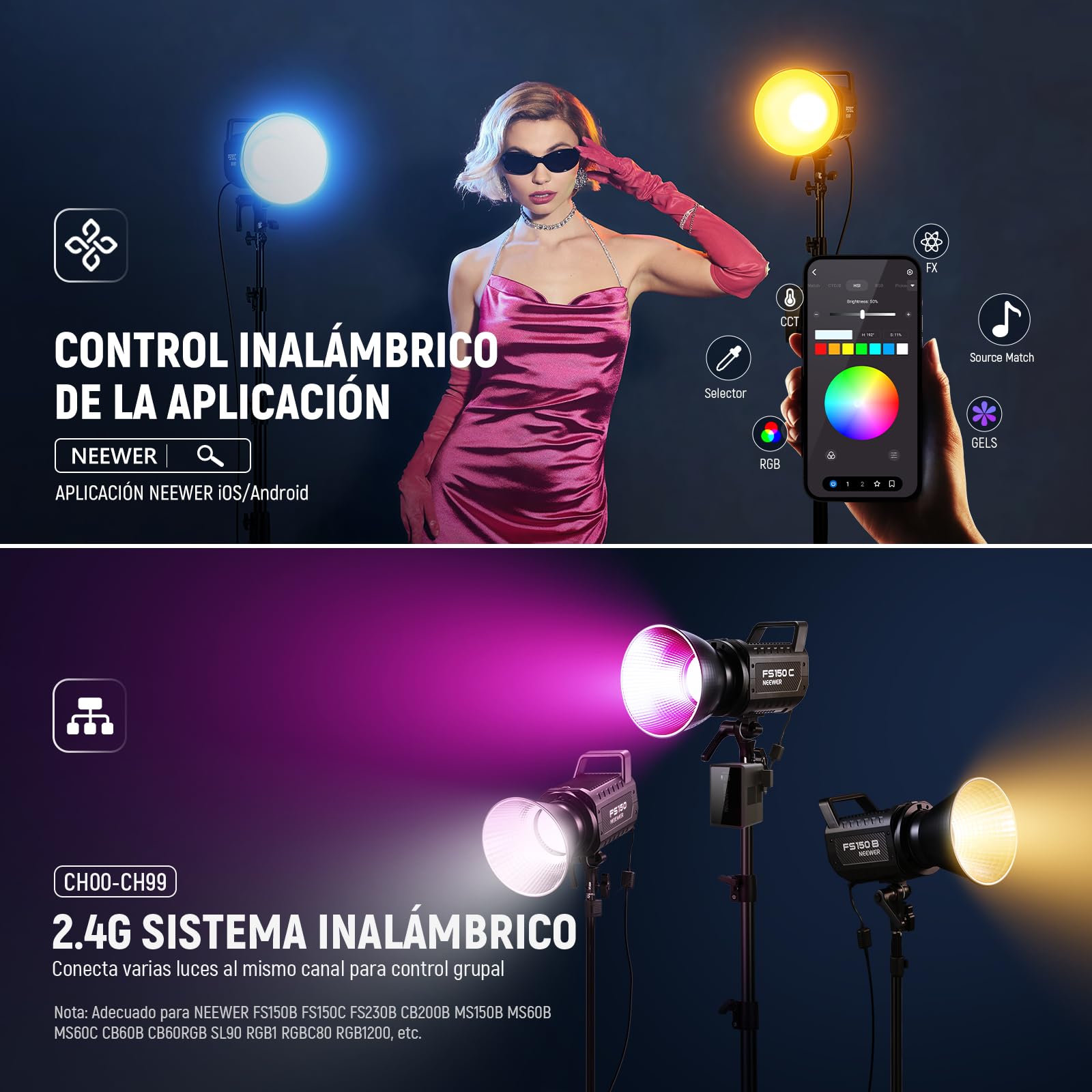 NEEWER 130W RGB LED Vídeo Luz App/2,4G Control 17 Efectos, 2500-7500K 19800lux/1m COB Iluminación Continua con CRI97/TLCI98 4 Curvas de Atenuación, Foco de Bowens Mount en Estudio Fotografía, FS150C