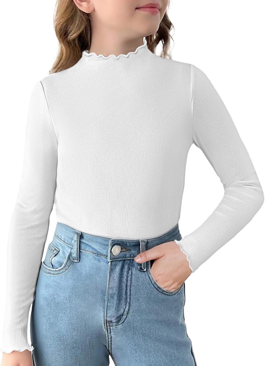 Arshiner Girls Lettuce Trim Mock Neck Long Sleeve Shirts Ribbed Knit Slim Fit Base Layer Tops Tees