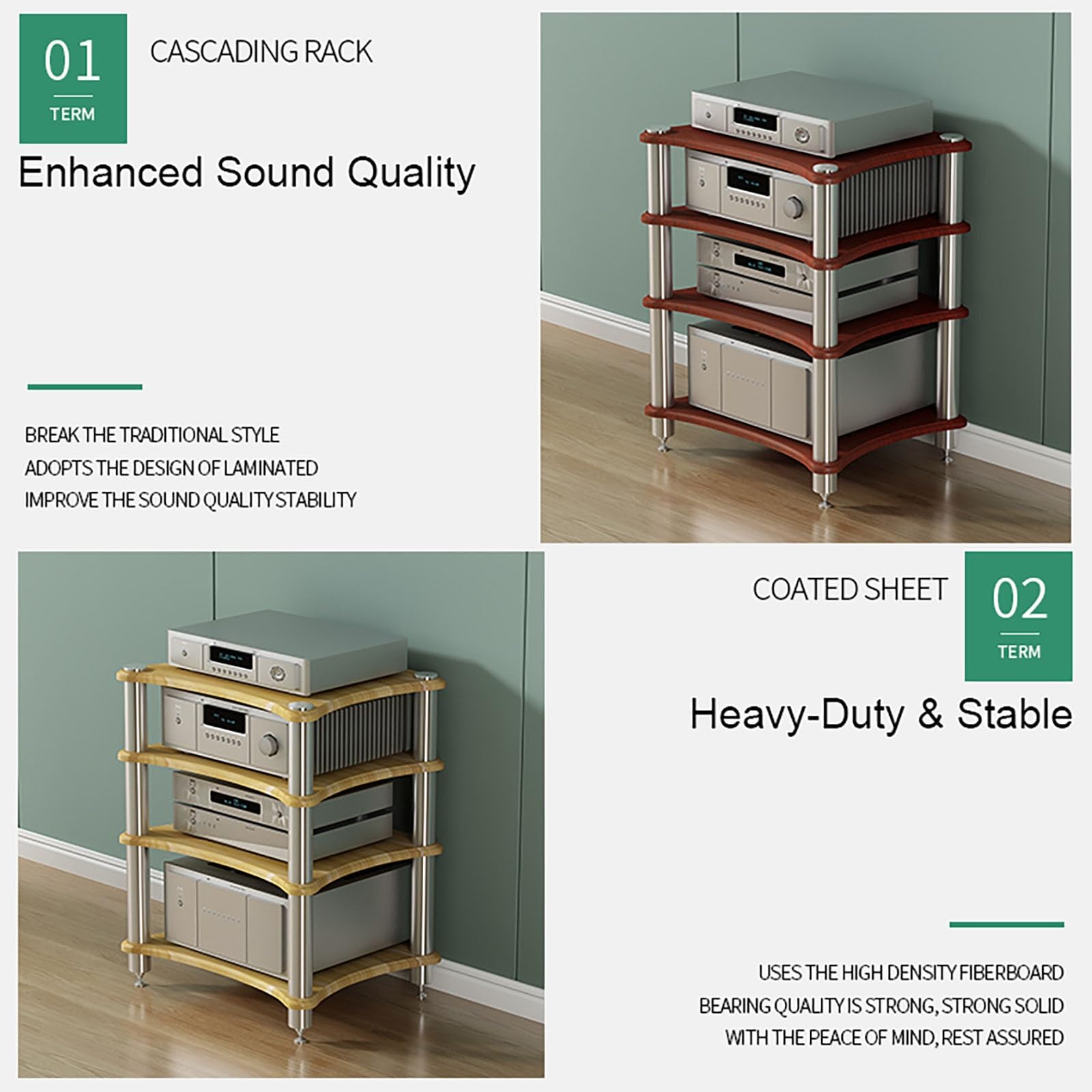 Armoire en bois massif avec pieds absorbant les chocs pour amplificateurs, appareils de diffusion en continu, haut-parleurs – Support audio en bois à 1 niveau pour une meilleure qualité sonore