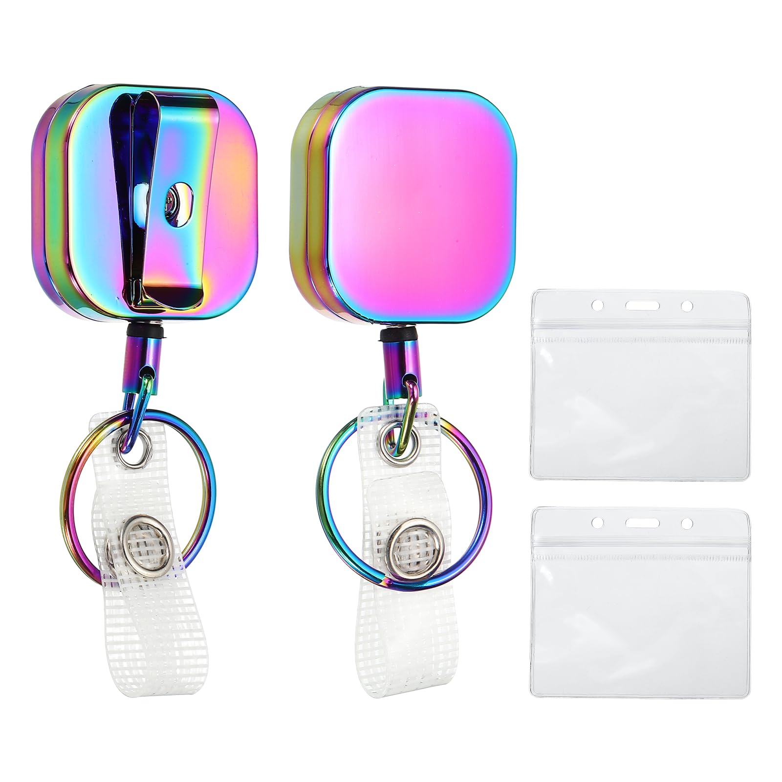 PATIKIL Retractable Badge Holder, 2 Pcs Metal Badge Reels, Square Retractable Keychain with Belt Clip Key Ring and Horizontal ID Holders for Men Women Teacher Keys Name Cards, Iridescent