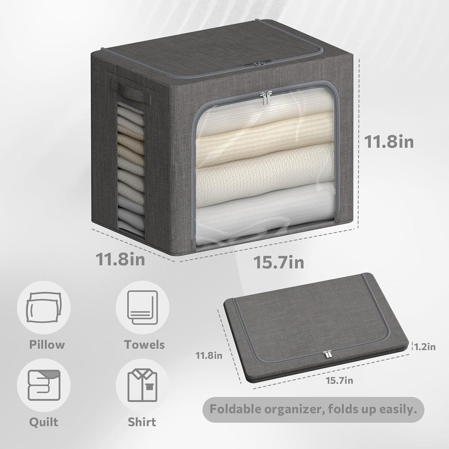 4 Pack Clothes Storage Bins with Metal Frame - Linen Fabric Foldable Stackable Container Organizer Set with Clear Window & Carry Handles & Zippers (Dark Gray, 15.7"x11.8"x11.8")