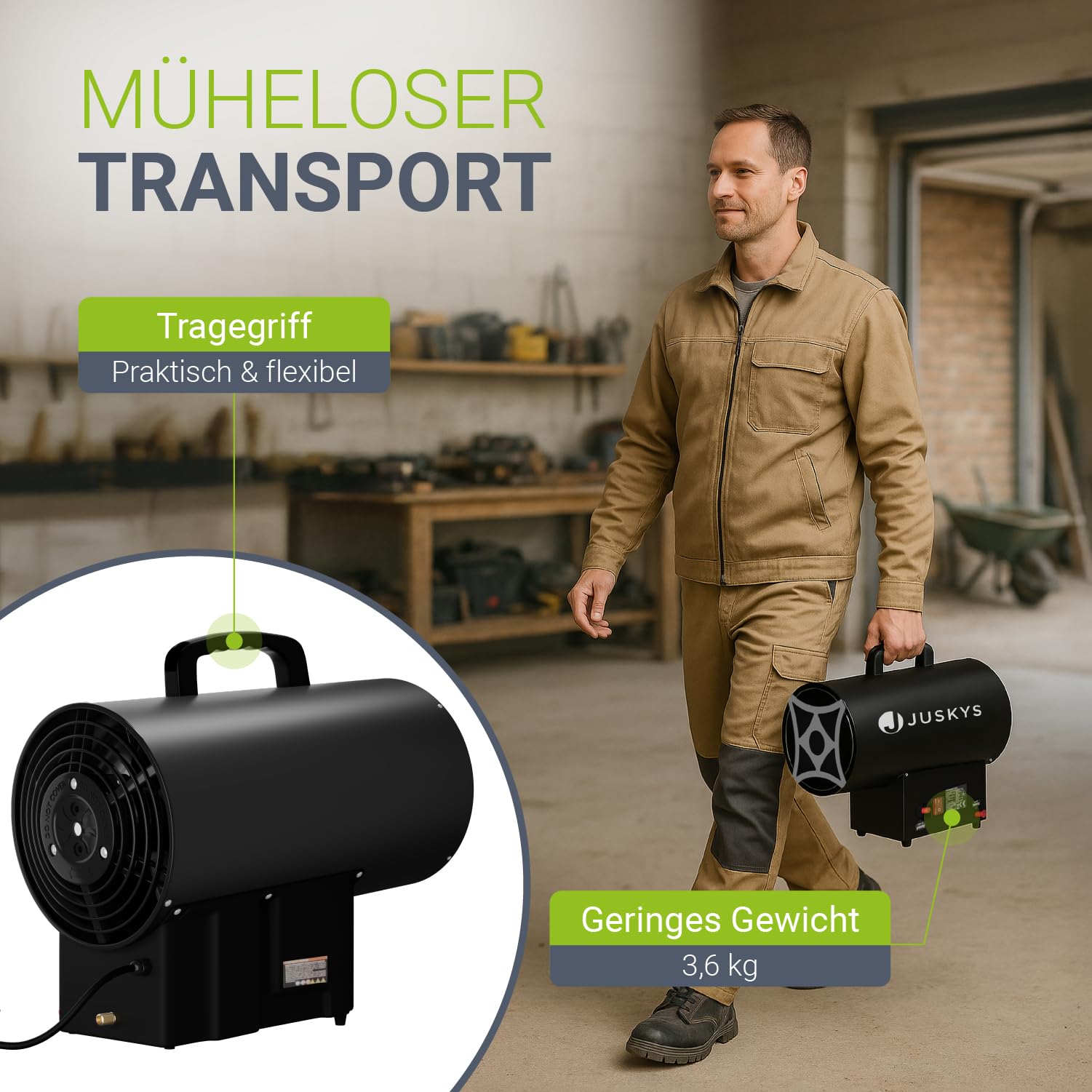 Juskys Gasheizgebläse – mobiler Gasheizer 10 kW mit Piezozündung, Heißluftgenerator, leichtes Stahl-Gehäuse, für Outdoor & Werkstatt - Schwarz