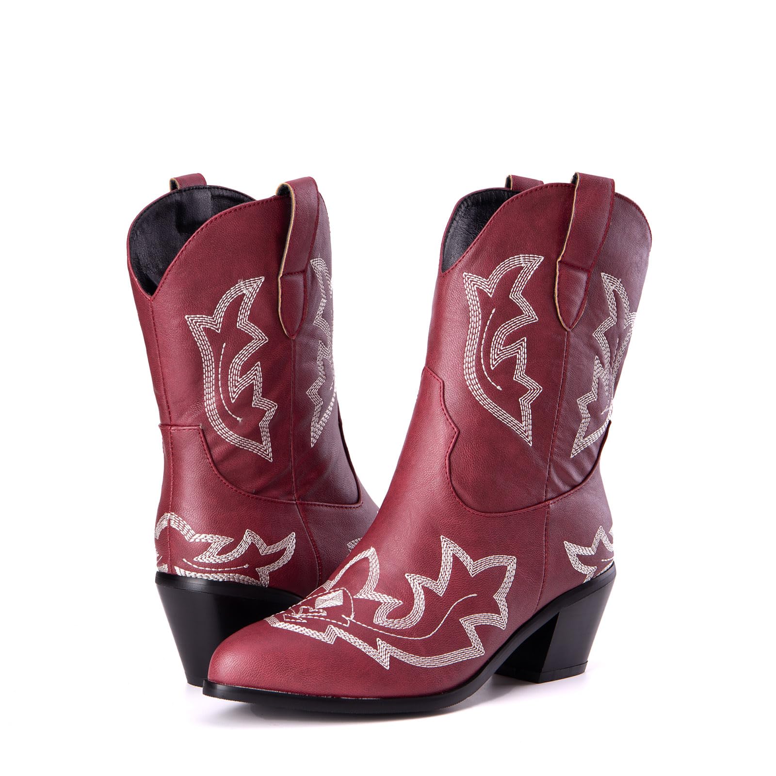 Damskie buty kowbojskie z obcasem, buty westernowe ze szpiczastym palcem i haftem, krótka cholewka, vintage, buty ze średnią cholewką, półcholewka