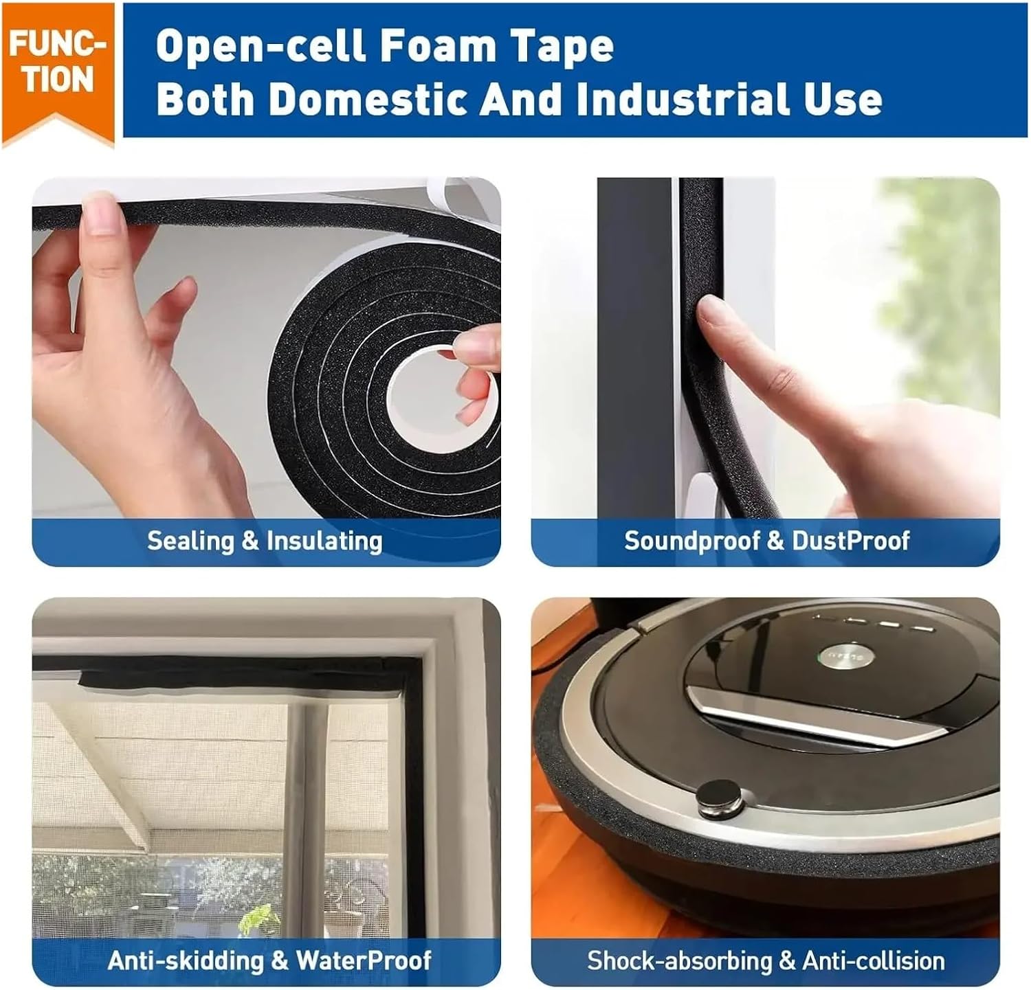 2 Rolls Adhesive Foam Weather Stripping 1 Inch X 0.75 Inch X 6.5ft, Air Conditioner Window Seal Open Cell High Resilience