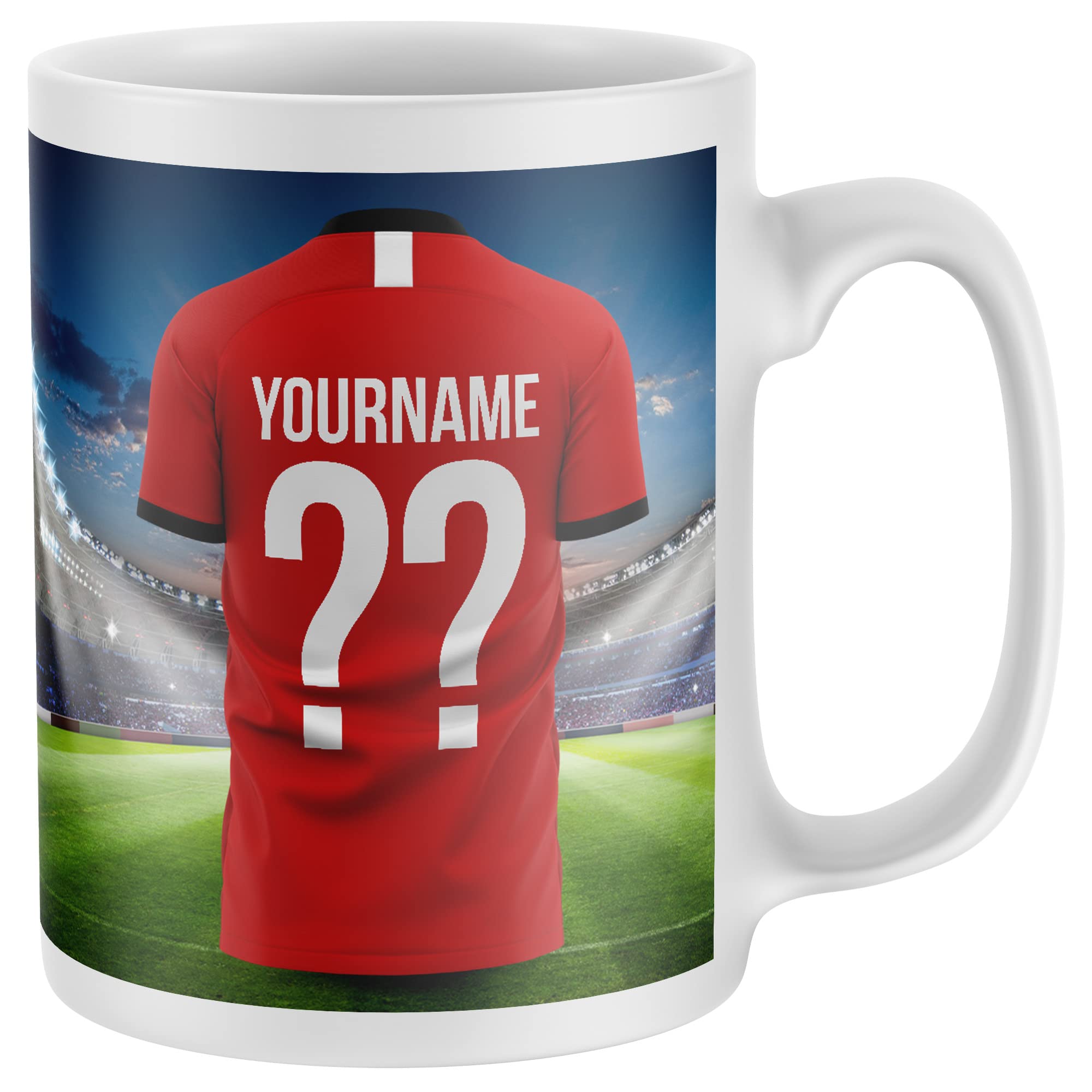 Personalised Supporters Mug, Football Kit Shirt Name and Number Coffee Cup, All Teams and Colours. Fan Birthday Gift Idea for Son, Daughter, Mum, Dad, One Size, Red Black