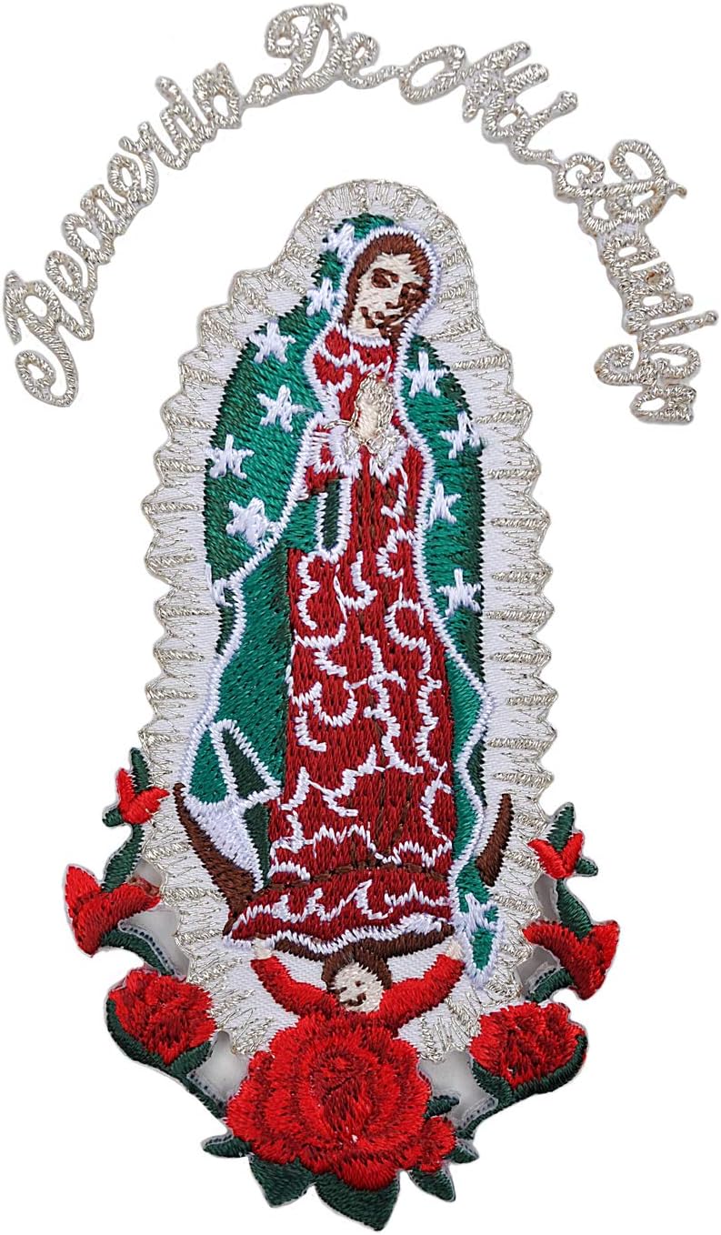 Guadalupe Virgin Mary Embroidered Iron On Patch 4x1.5 for Making Baptism Christening Religious Clothing Gift Sold by Piece (Silver_4.75x2.75_inSpanish)
