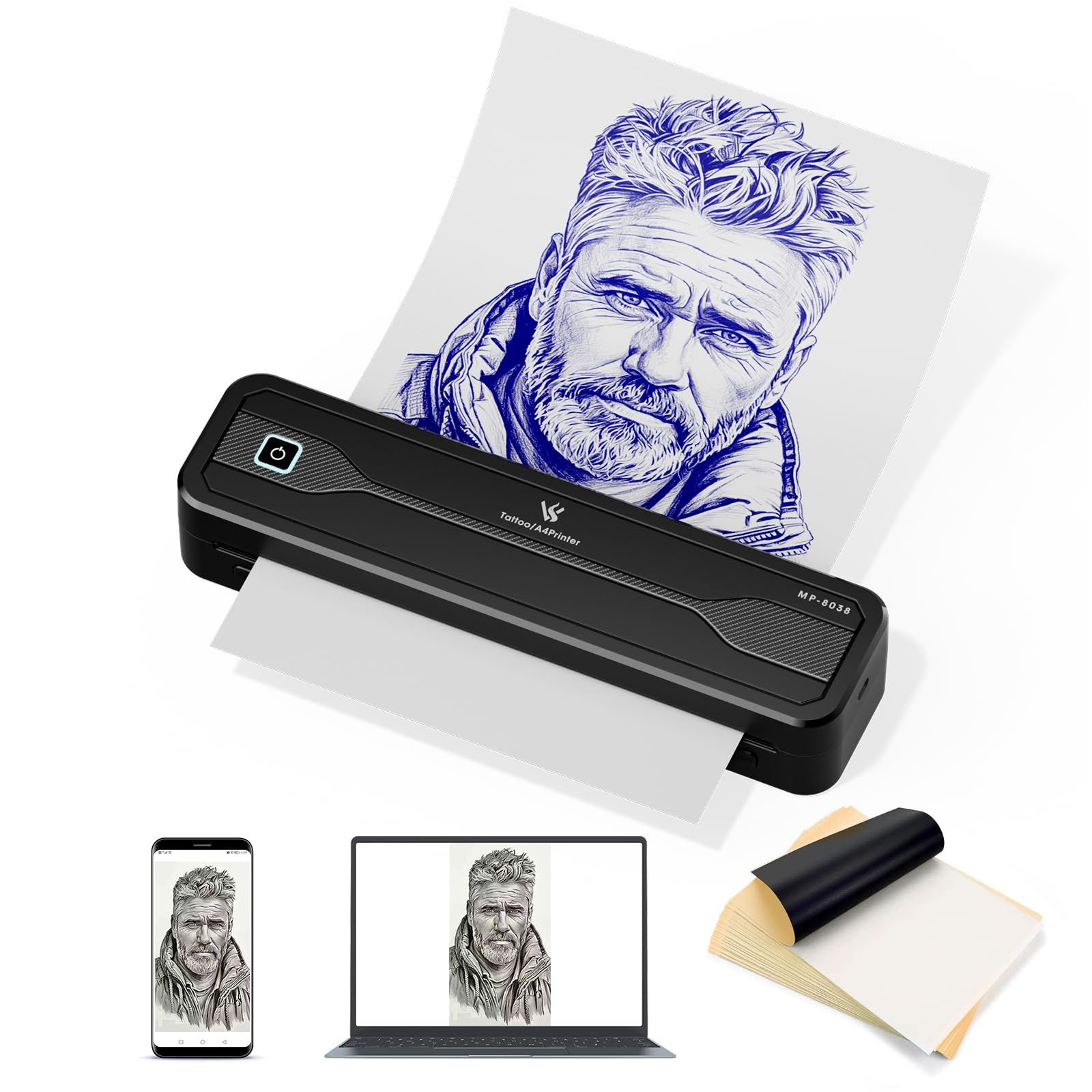 Stampante Stencil Tattoo Bluetooth MP-8038 Stampante Termica Tattoo 2600mAh | LIUMATE Stampante per Tatuaggi con 10 Fogli di Carta per Tatuaggi, Compatibile con Smartphone Tablet e PC per Artisti