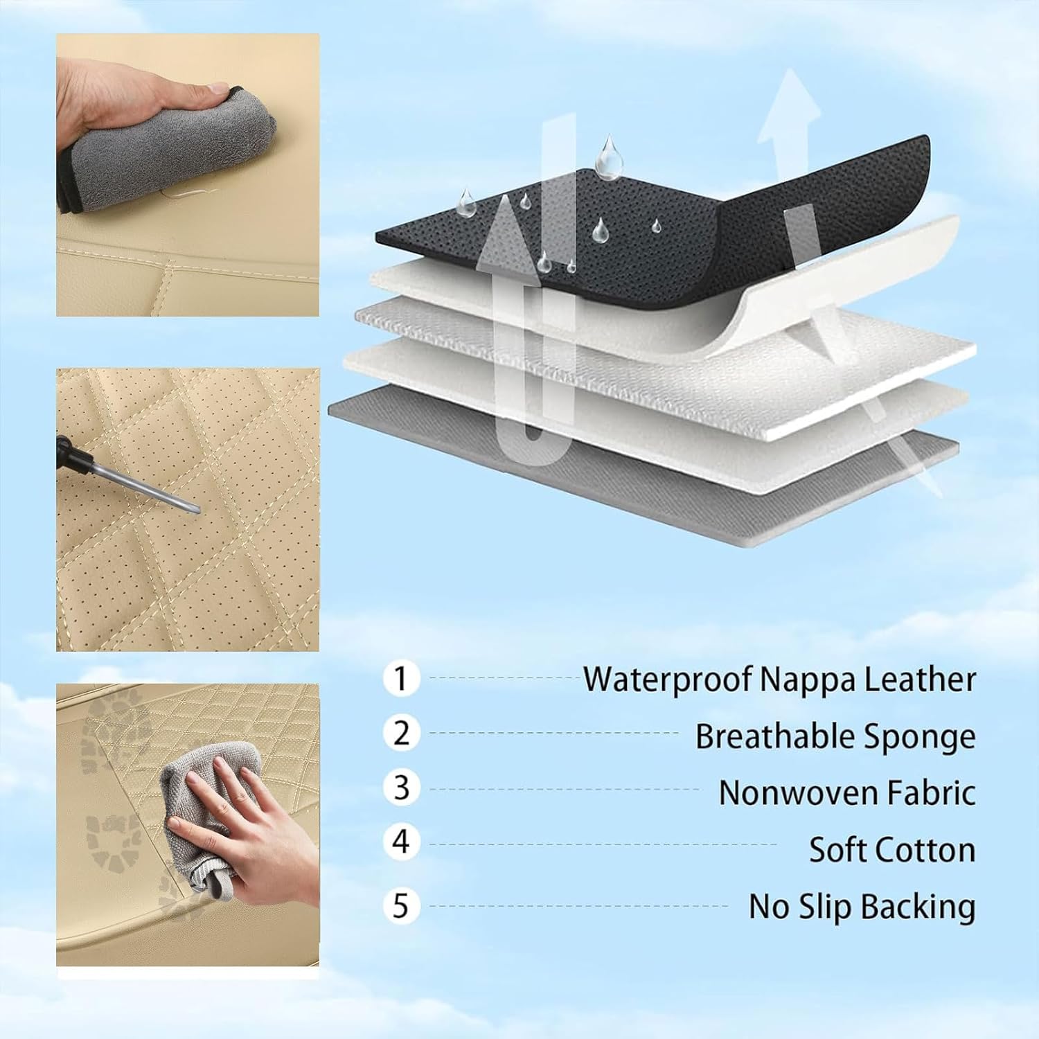 Car Leather Seat Cover，Protector Seat Waterproof Automotive Seat Covers Full Sets Super Breathable Universal Fit Cover for Most Car Fount and Back，（Beige-Diamond，5pcs）