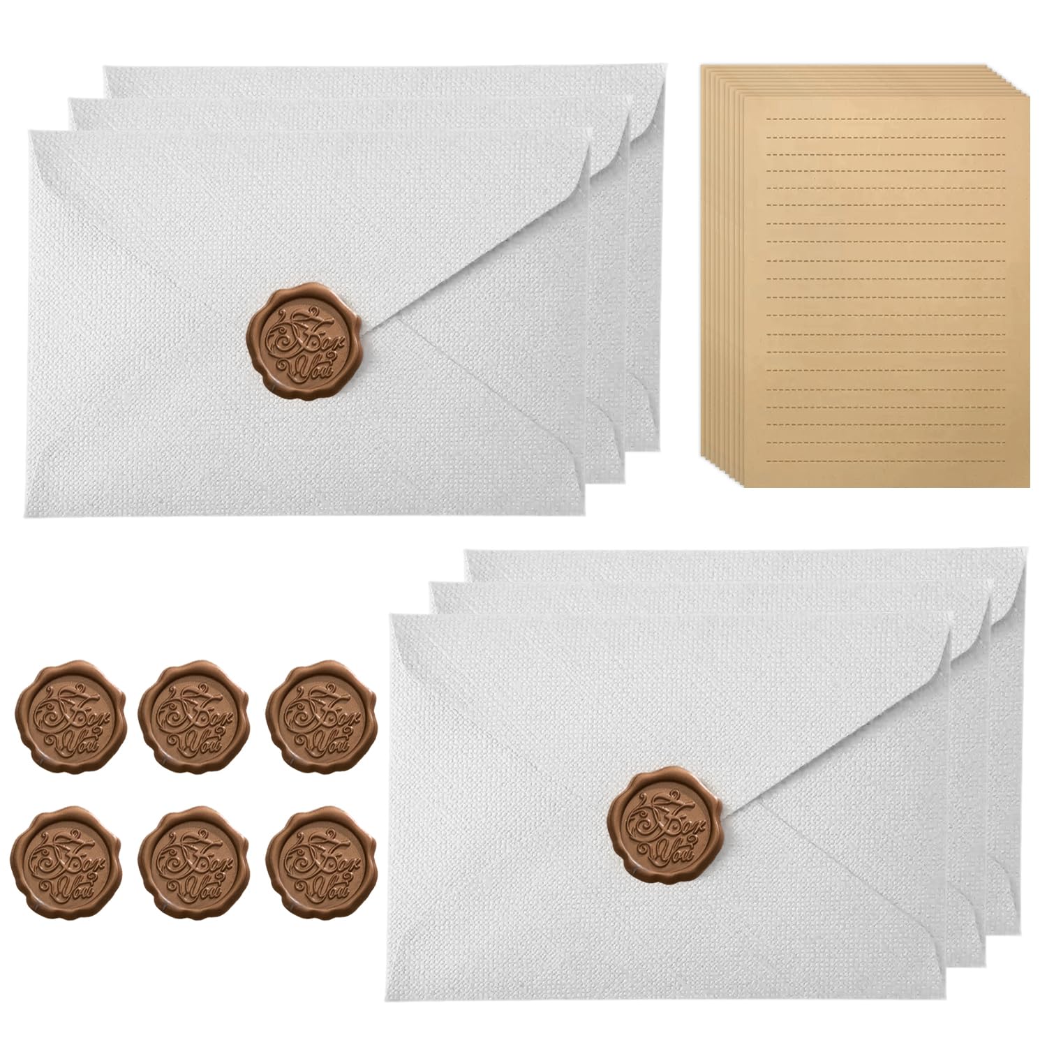 Vintage Letter Paper with 6 Envelopes, 10 A5 Writing Paper & 6 Wax Seal, Kraft Paper, Beautiful Writing Paper Set for Wedding, Birthday, Greeting Cards, White — image 1