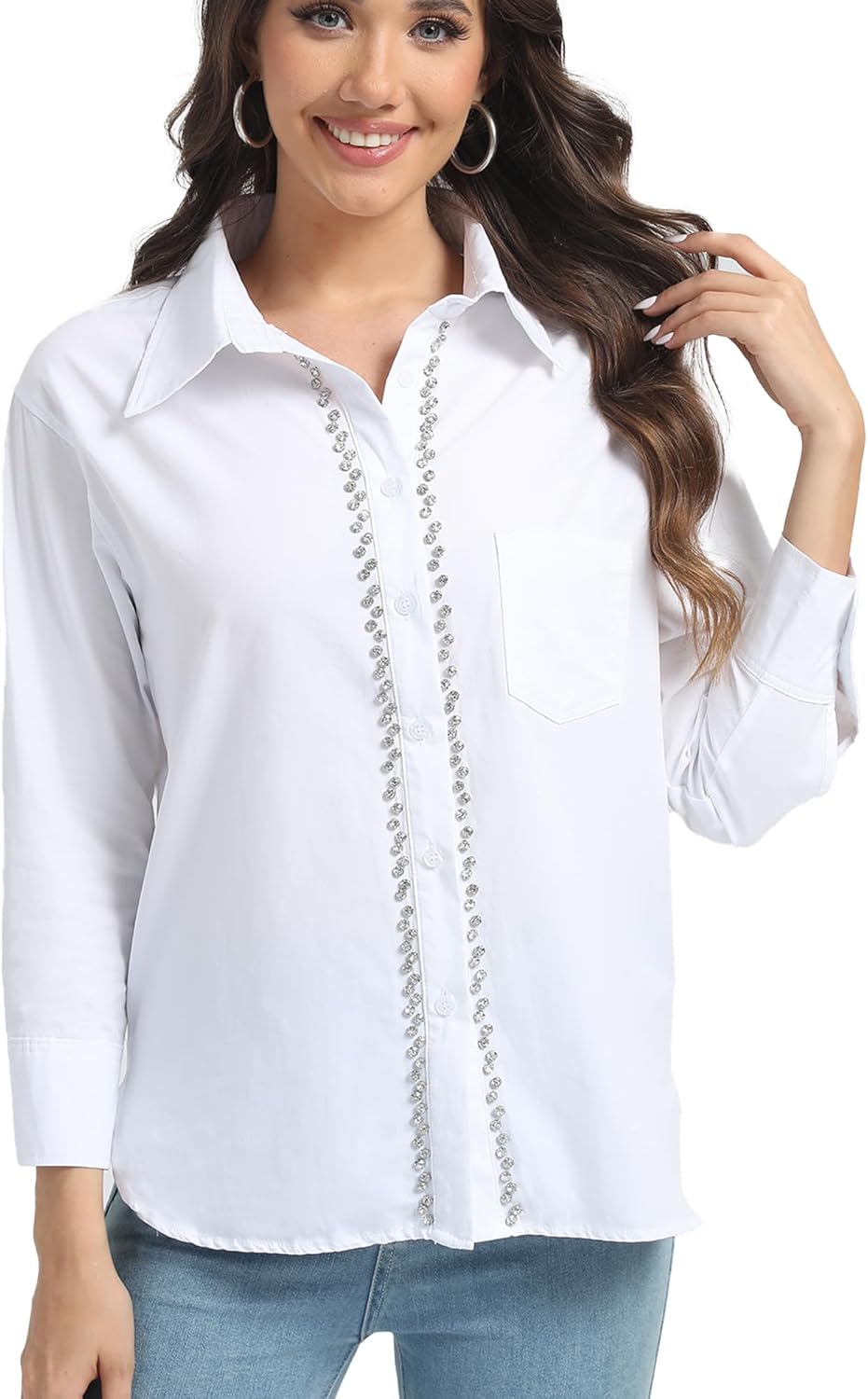 SUNNOW Womens Embellished White Shirt Elegant Button Down Blouse with Decorative Details White X-Large